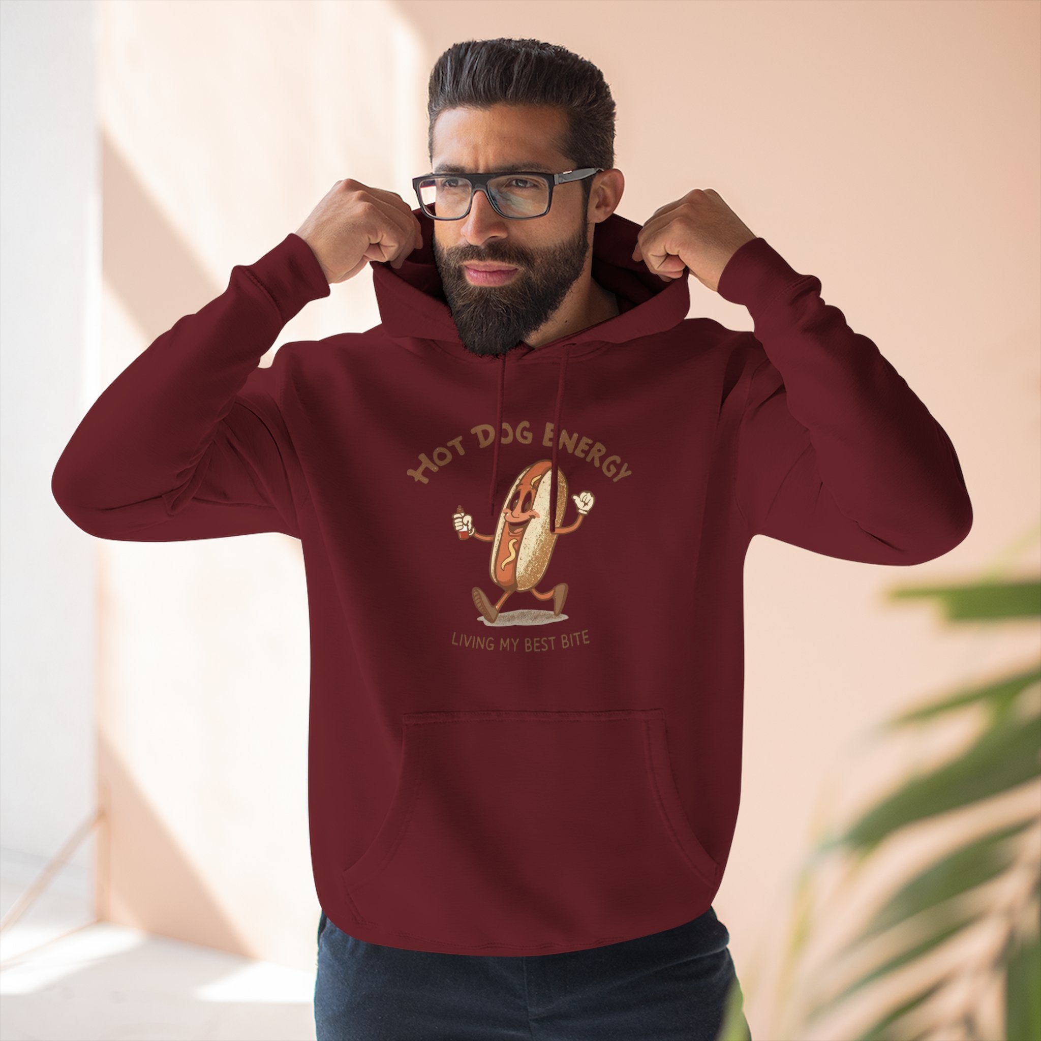 Hot Dog Energy Hoodie — Funny Cartoon Hotdog "Living My Best Bite" Pullover