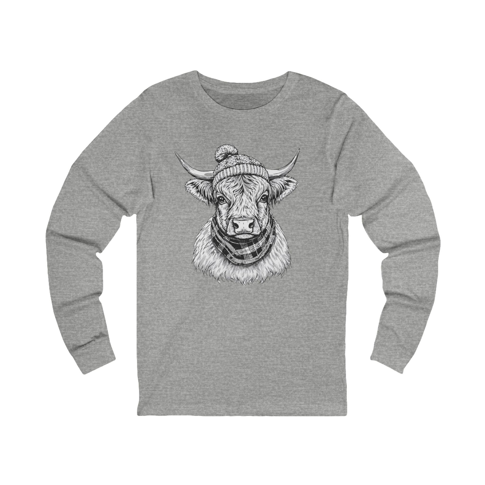 Highland Cow Sketch Long Sleeve Tee — Rustic Farm Animal Graphic Shirt