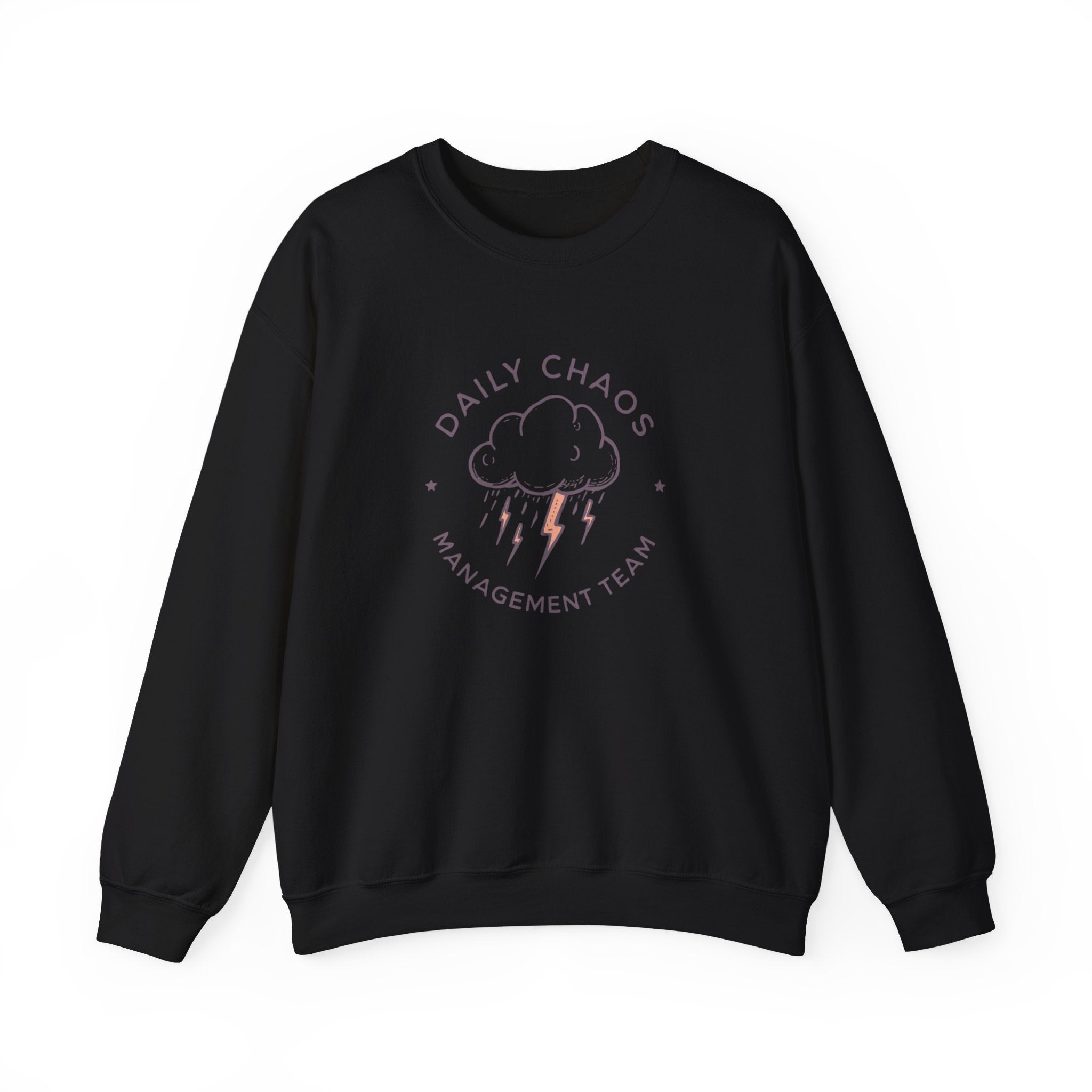 Crewneck Sweatshirt — "Daily Chaos Management Team" Cloud & Lightning Graphic