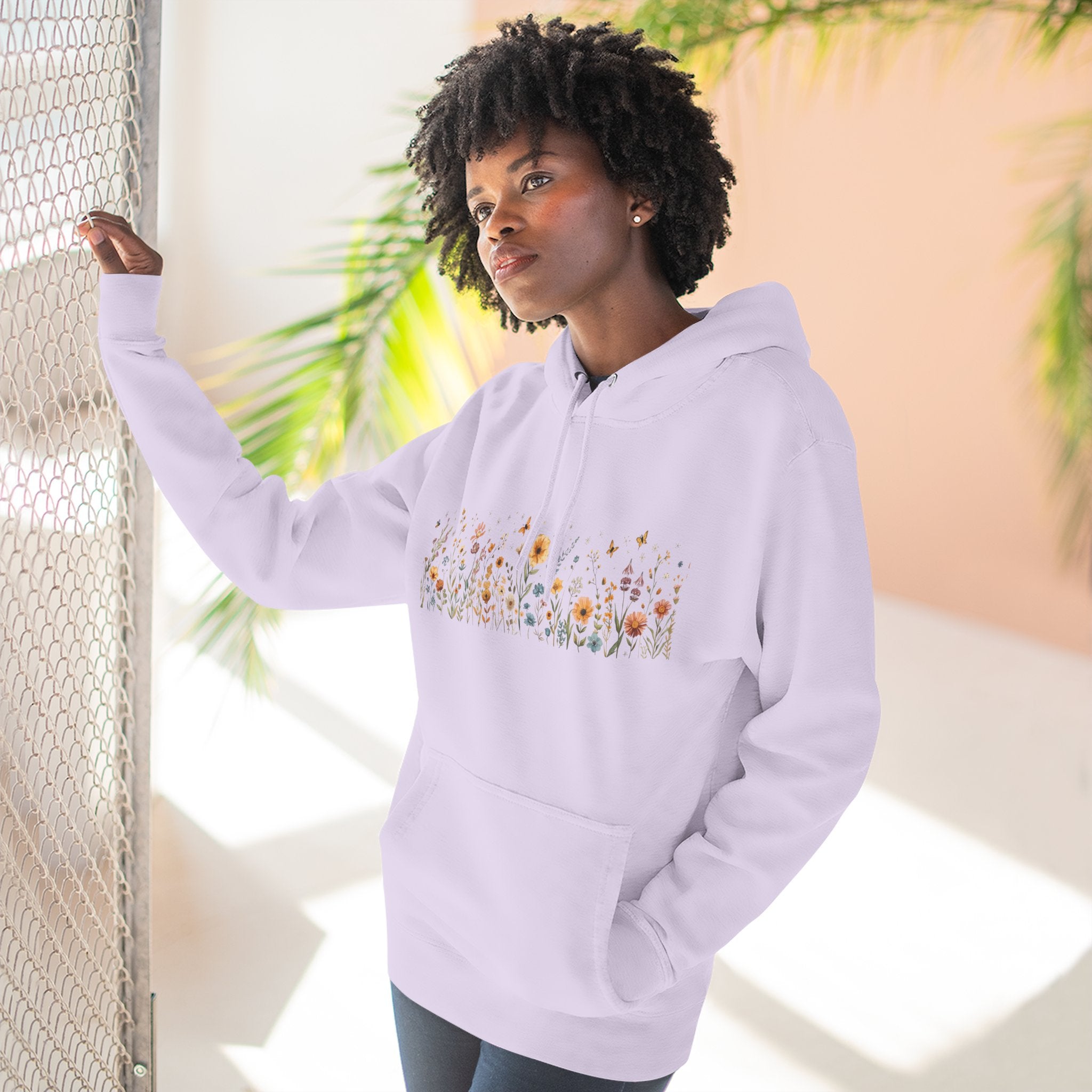 Floral Meadow Fleece Hoodie — Soft Boho Wildflower Stripe Design