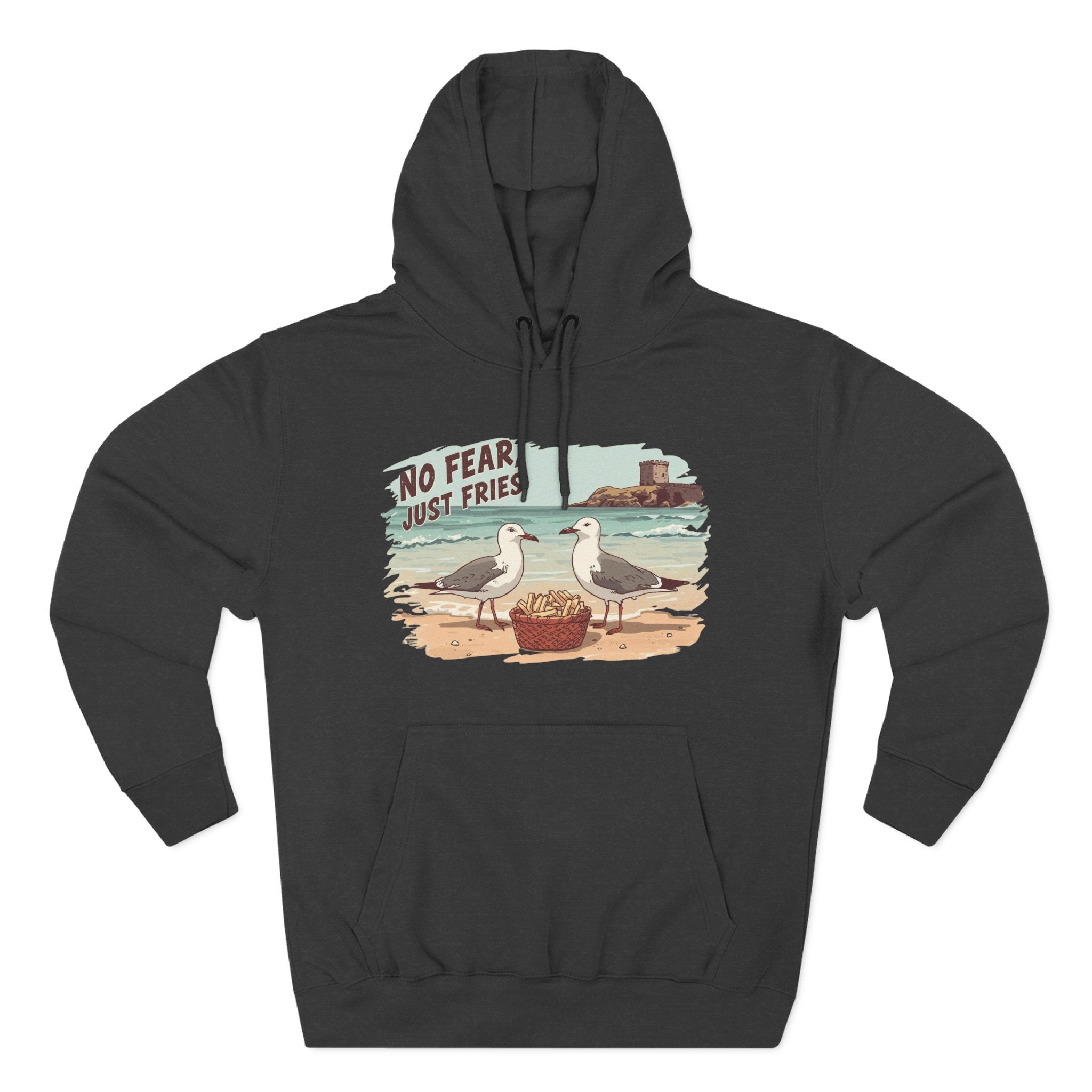 Seagull Beach Hoodie – “No Fear Just Fries” Retro Coastal Graphic Hoodie