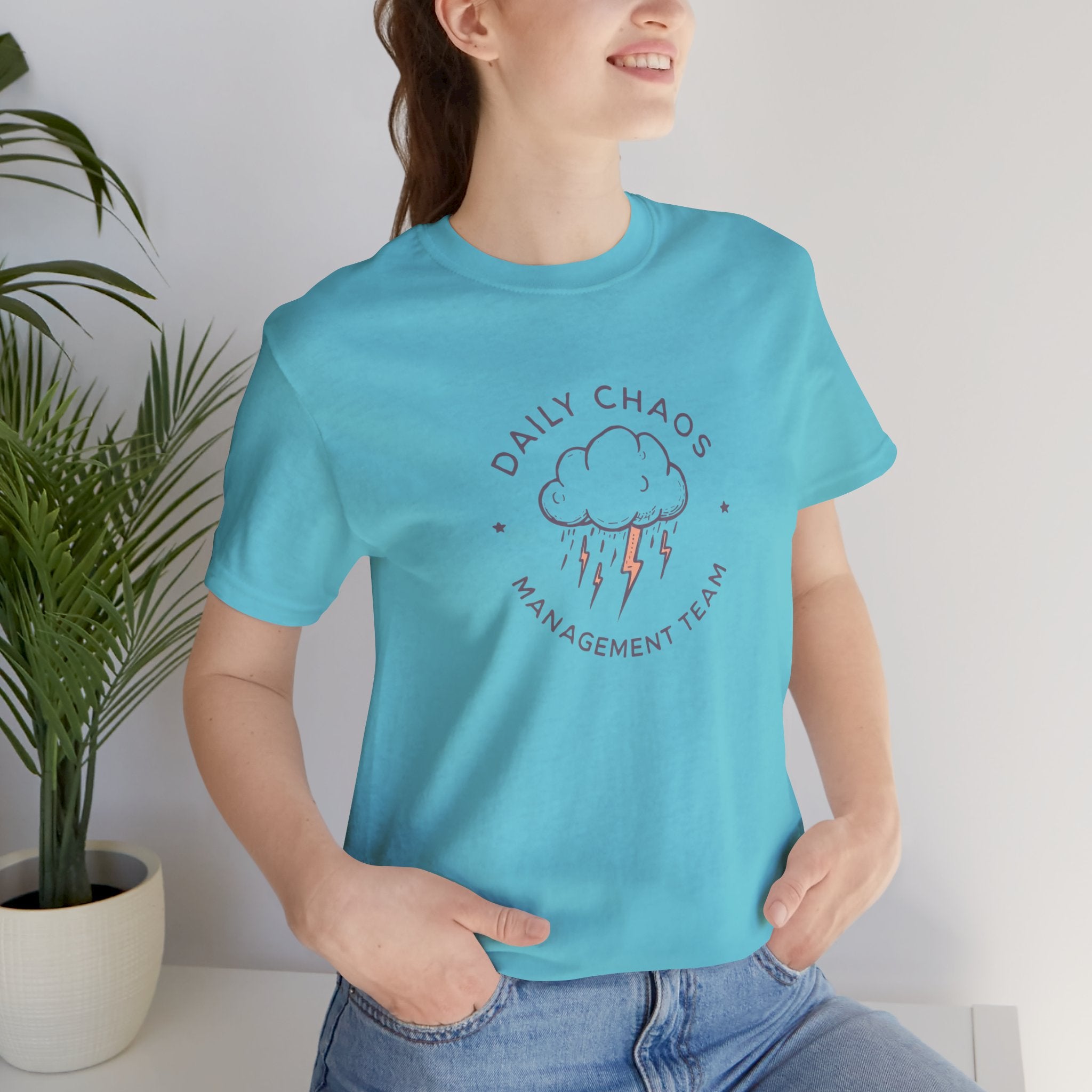 Daily Chaos Management Team Tee — Cute Lightning Cloud Graphic T-Shirt