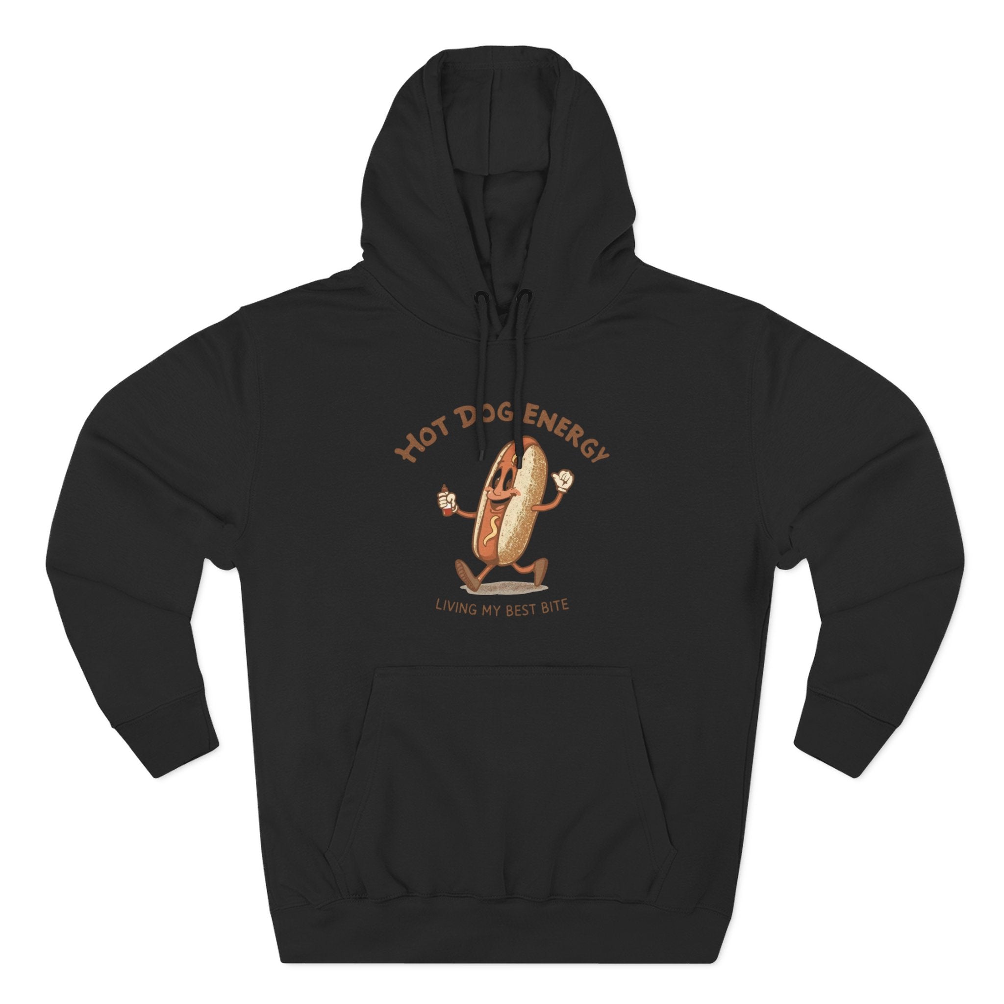 Hot Dog Energy Hoodie — Funny Cartoon Hotdog "Living My Best Bite" Pullover