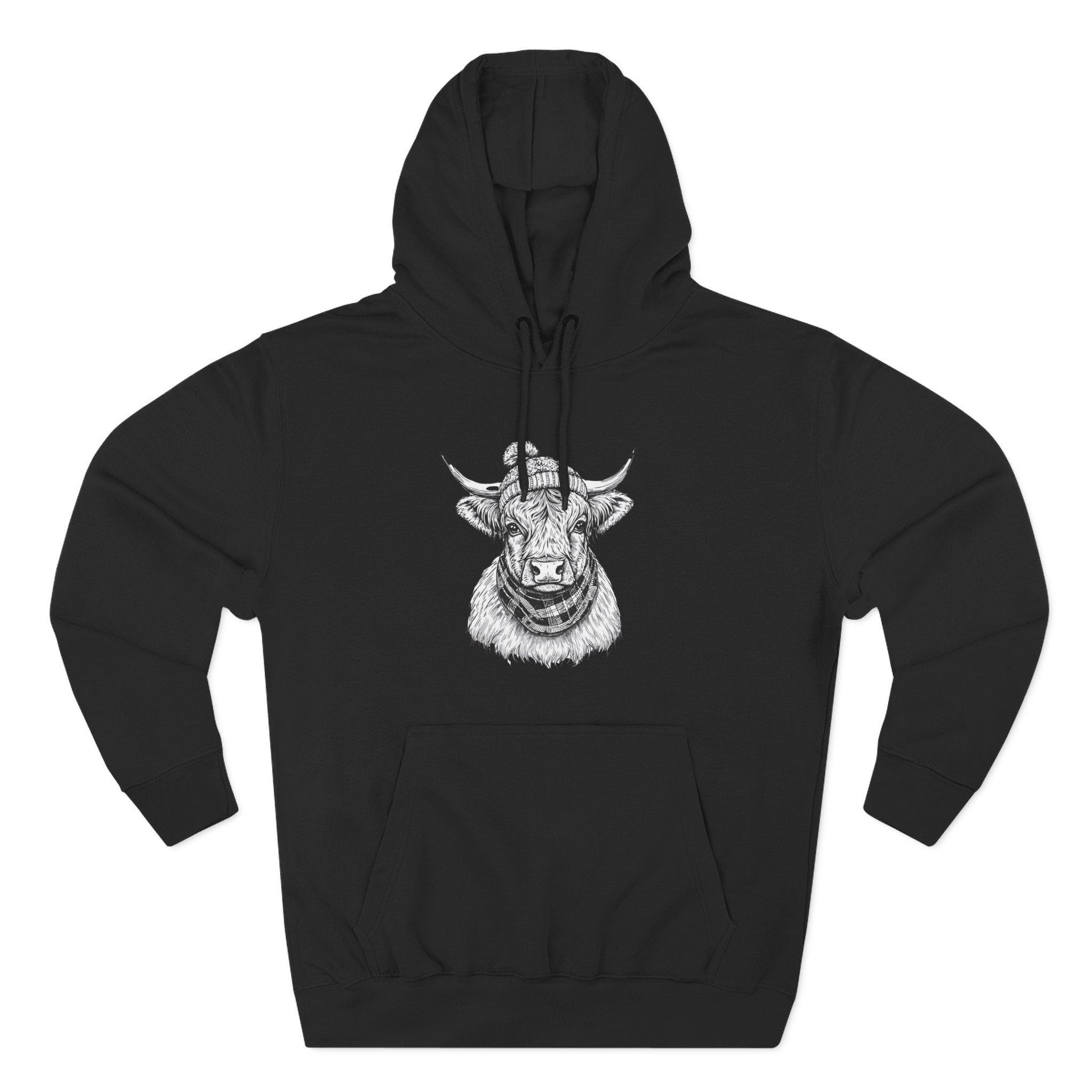 Highland Cow Sketch Hoodie - Detailed Bull Head Graphic Fleece Pullover