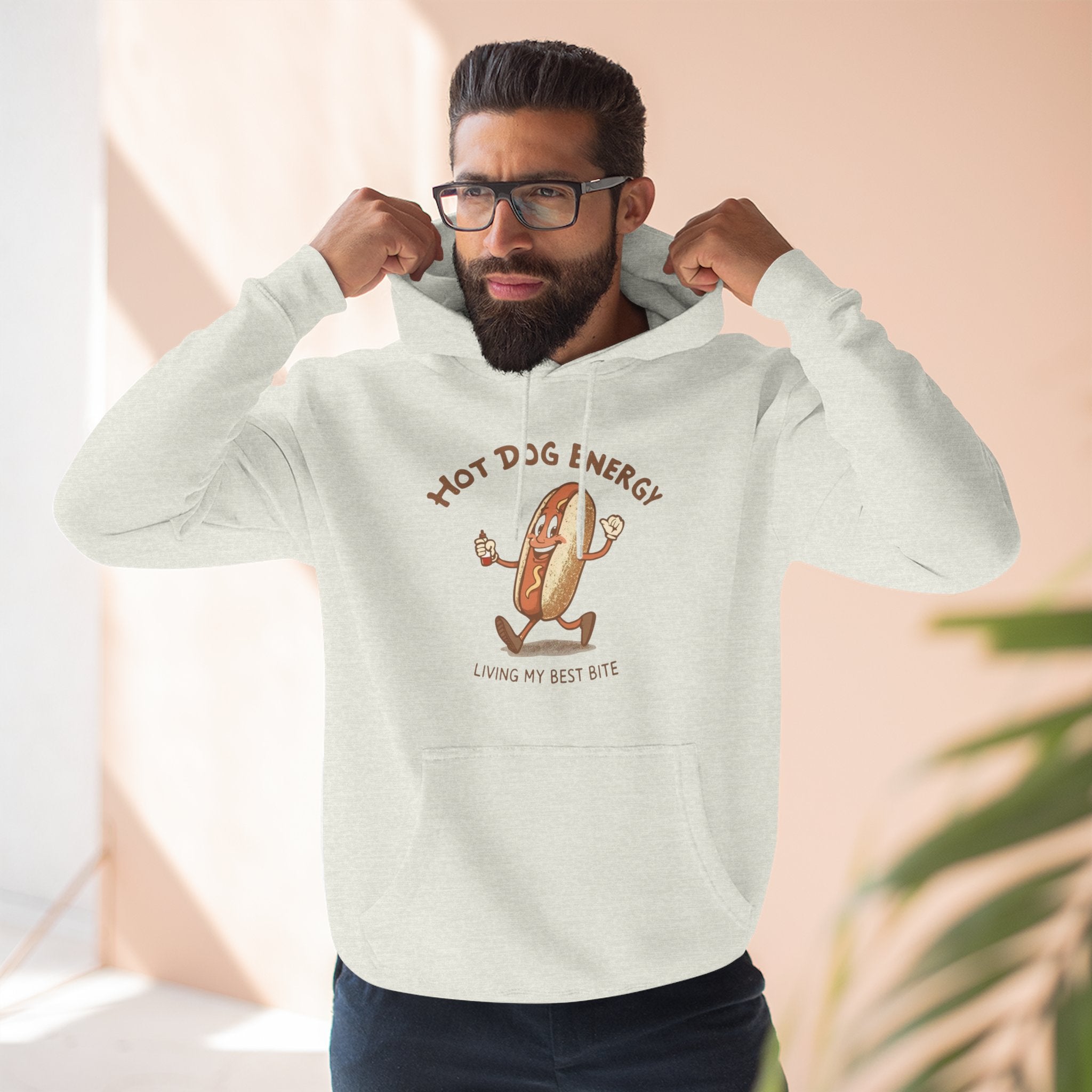 Hot Dog Energy Hoodie — Funny Cartoon Hotdog "Living My Best Bite" Pullover