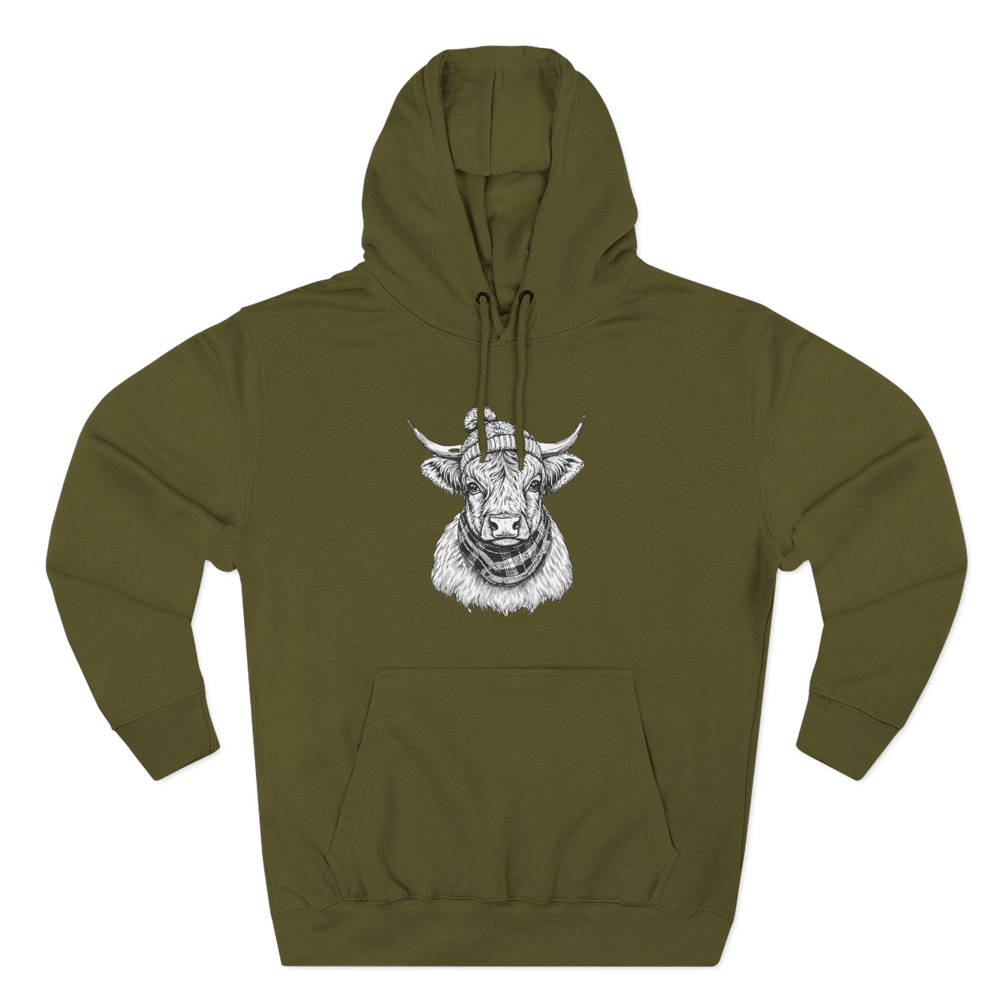 Highland Cow Sketch Hoodie - Detailed Bull Head Graphic Fleece Pullover