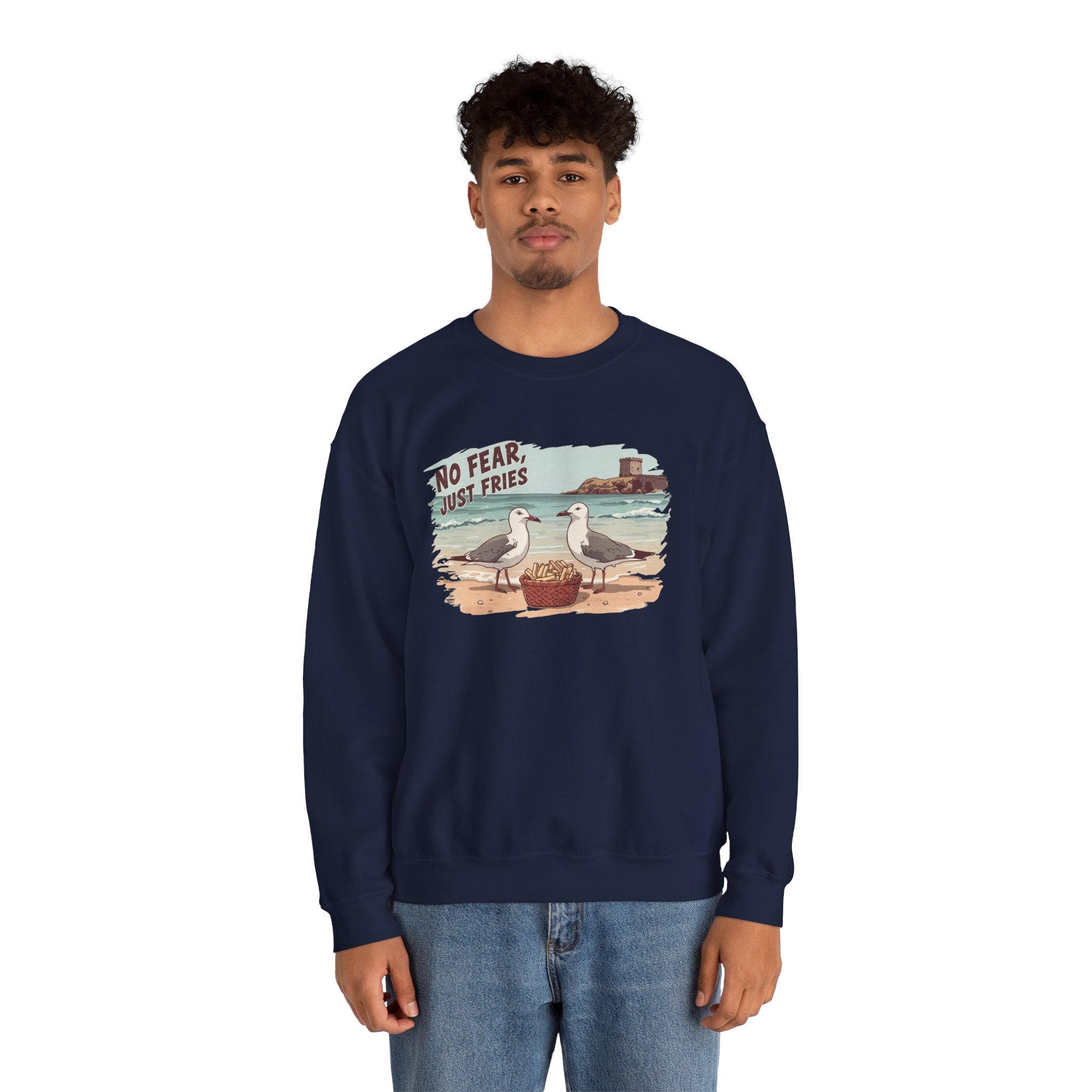Crewneck Sweatshirt - "No Fear, Just Fries" Seagull Beach Graphic