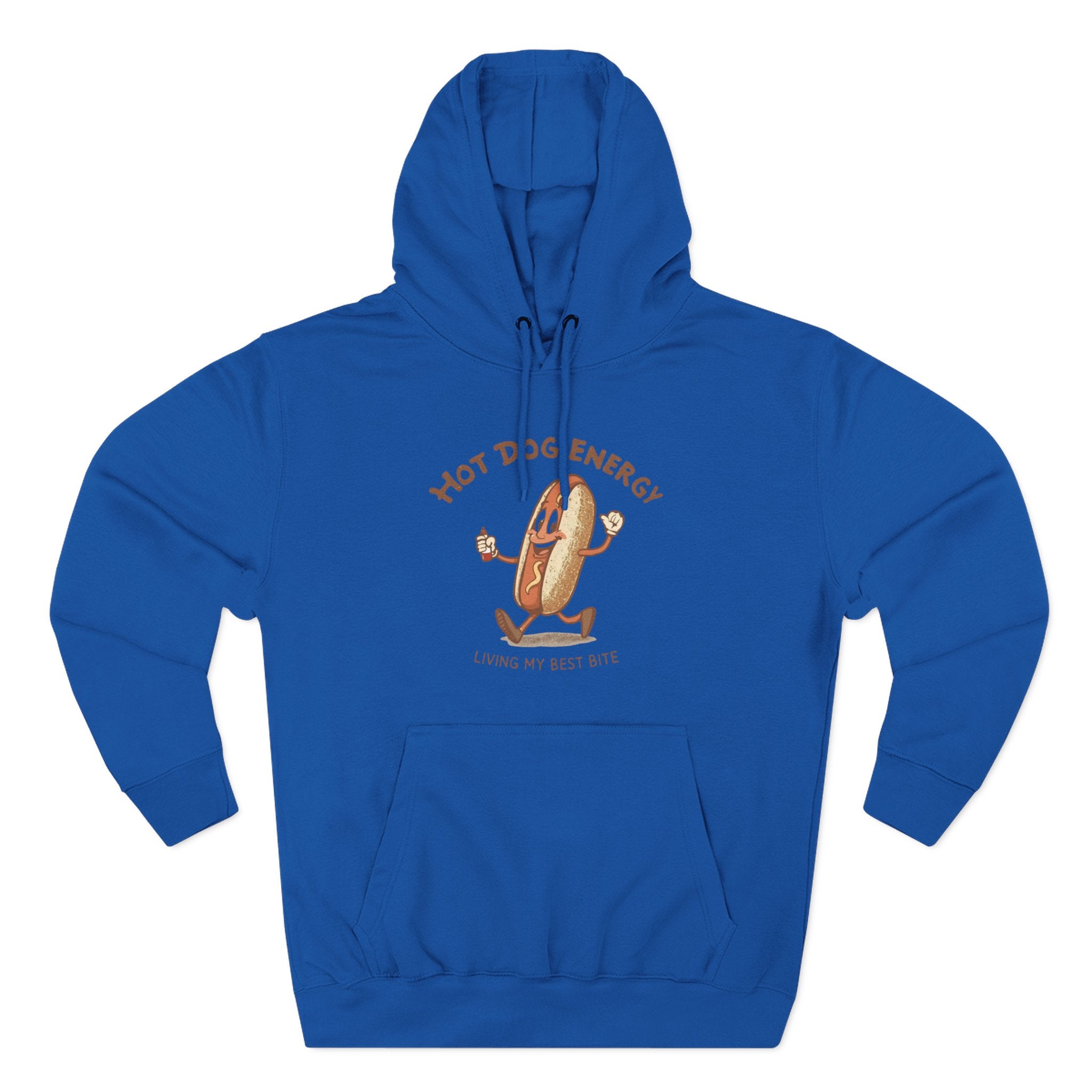 Hot Dog Energy Hoodie — Funny Cartoon Hotdog "Living My Best Bite" Pullover