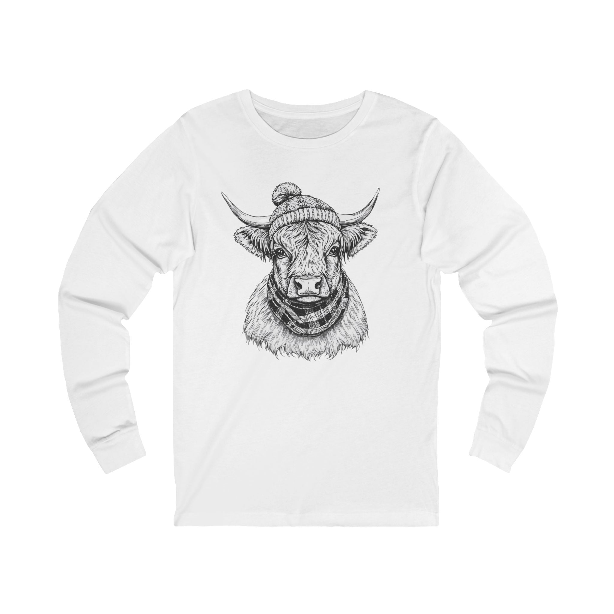 Highland Cow Sketch Long Sleeve Tee — Rustic Farm Animal Graphic Shirt