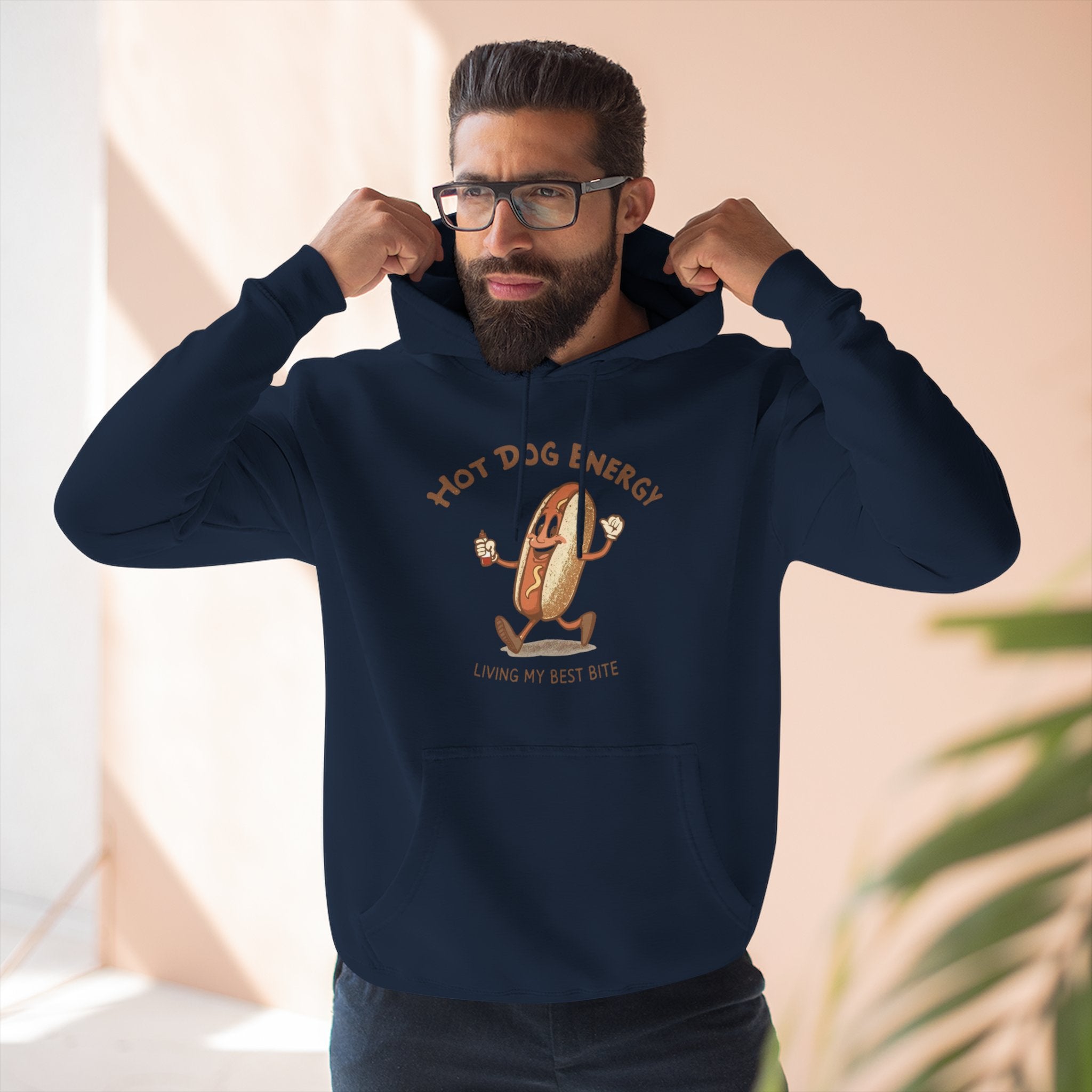 Hot Dog Energy Hoodie — Funny Cartoon Hotdog "Living My Best Bite" Pullover