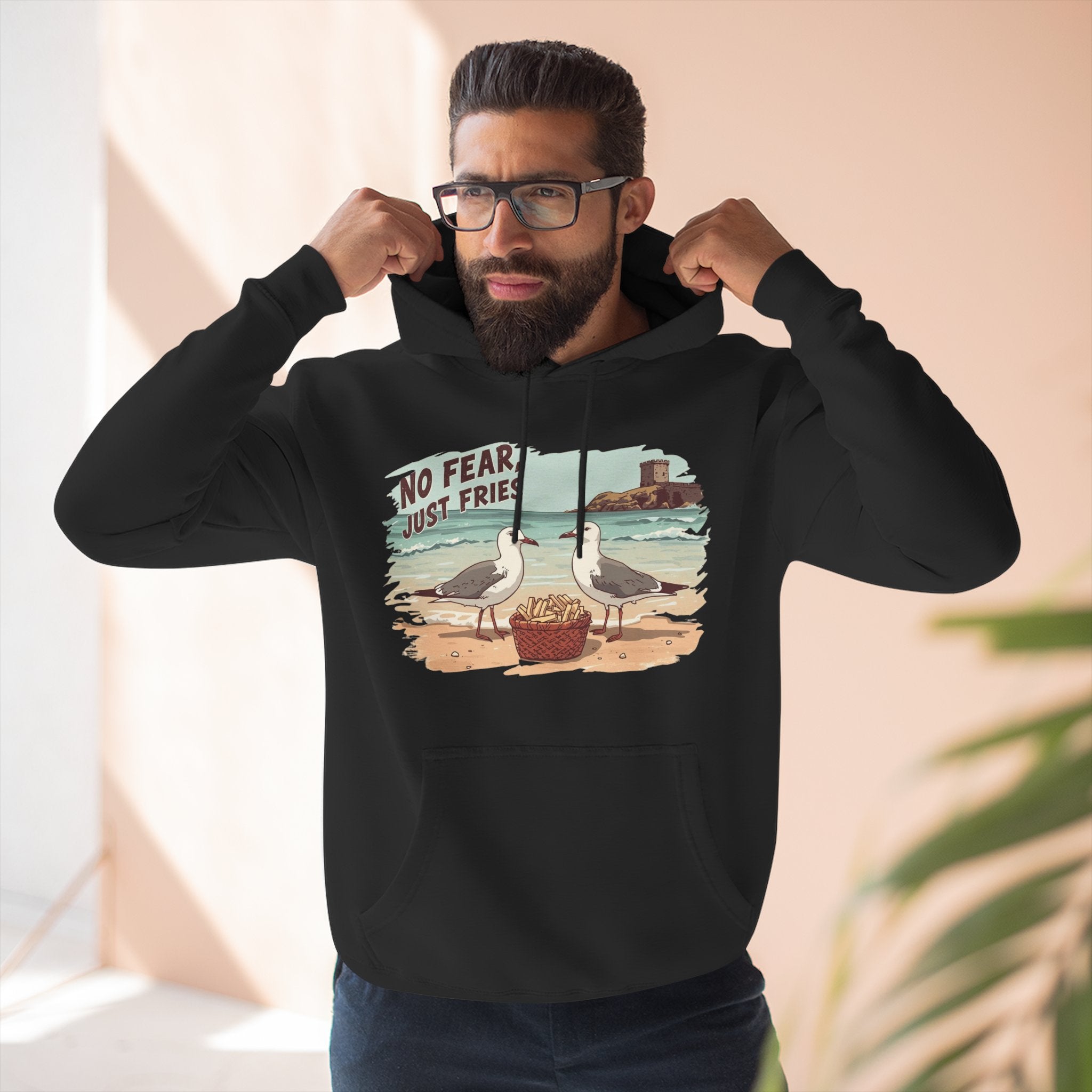 Seagull Beach Hoodie – “No Fear Just Fries” Retro Coastal Graphic Hoodie