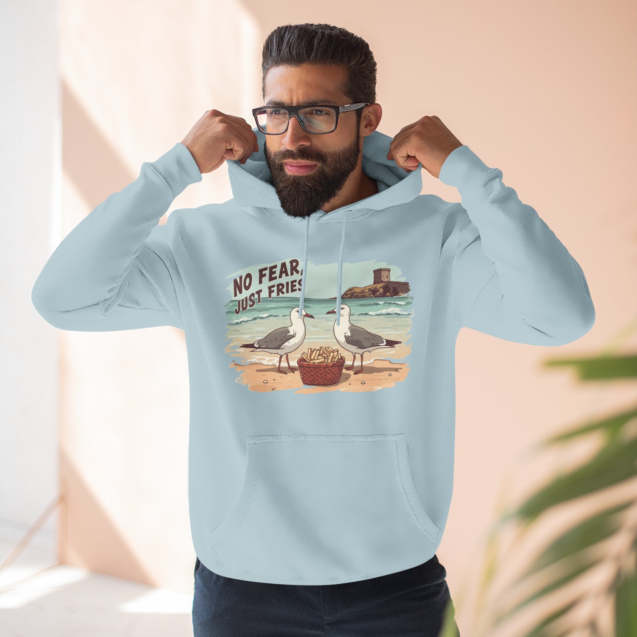 Seagull Beach Hoodie – “No Fear Just Fries” Retro Coastal Graphic Hoodie