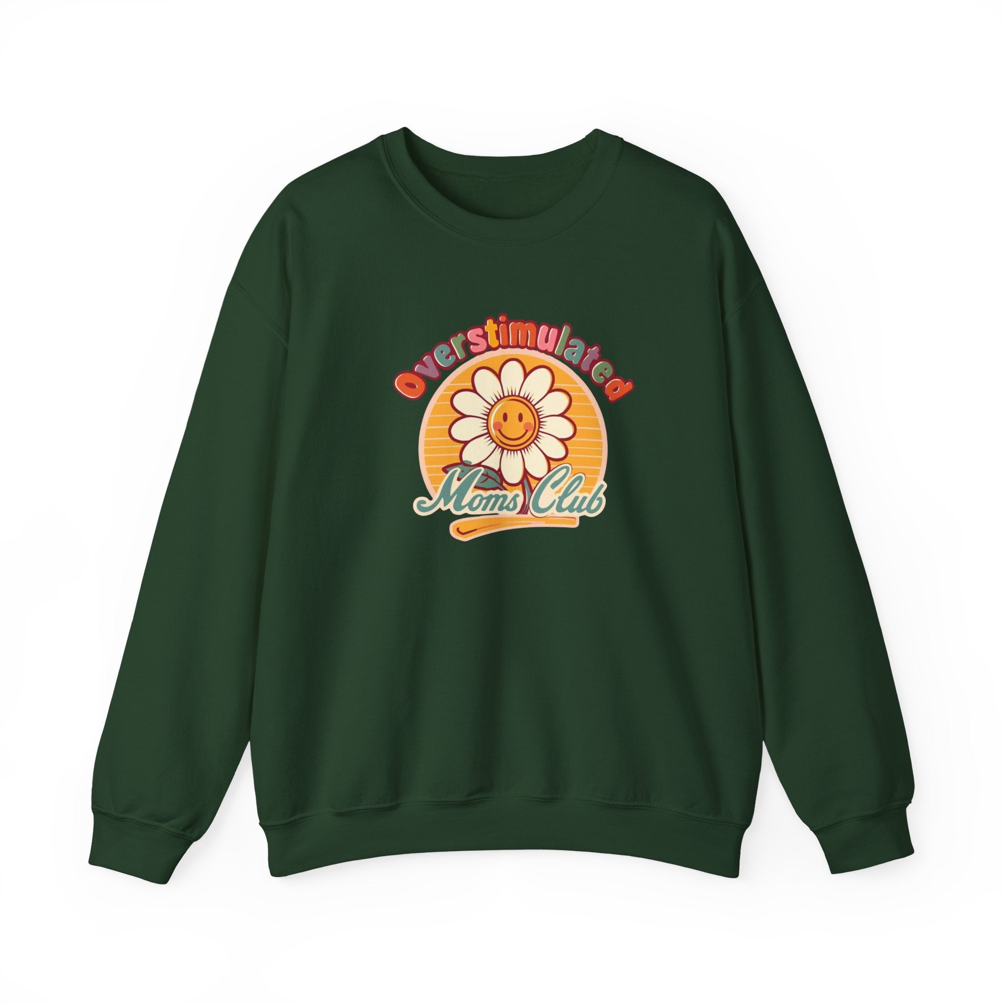 Oversaturated Moms Club Crewneck Sweatshirt — Retro Smiley Daisy Mom Gift