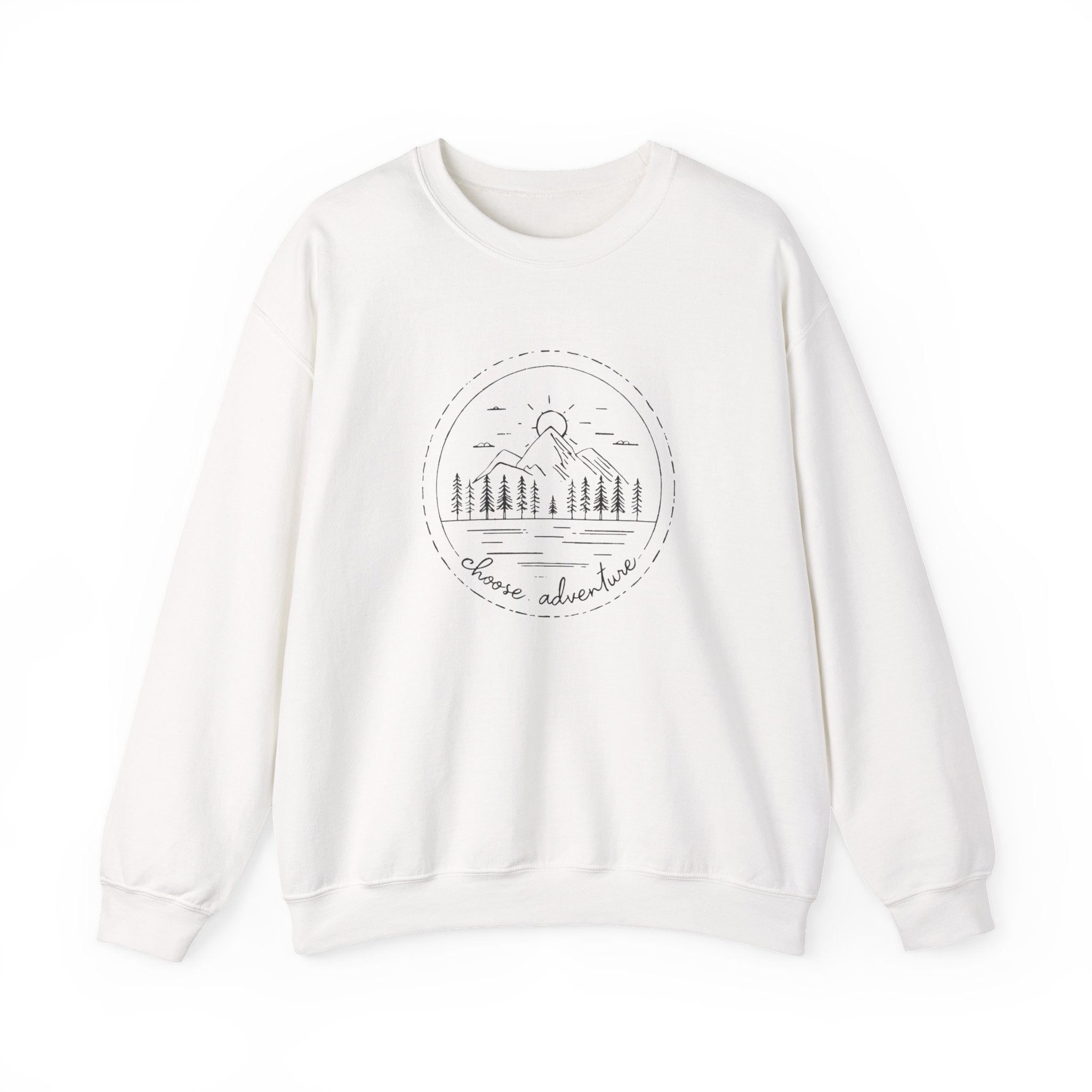 Adventure Forest Crewneck Sweatshirt – Scenic Mountain & Trees Graphic ('Choose Adventure')