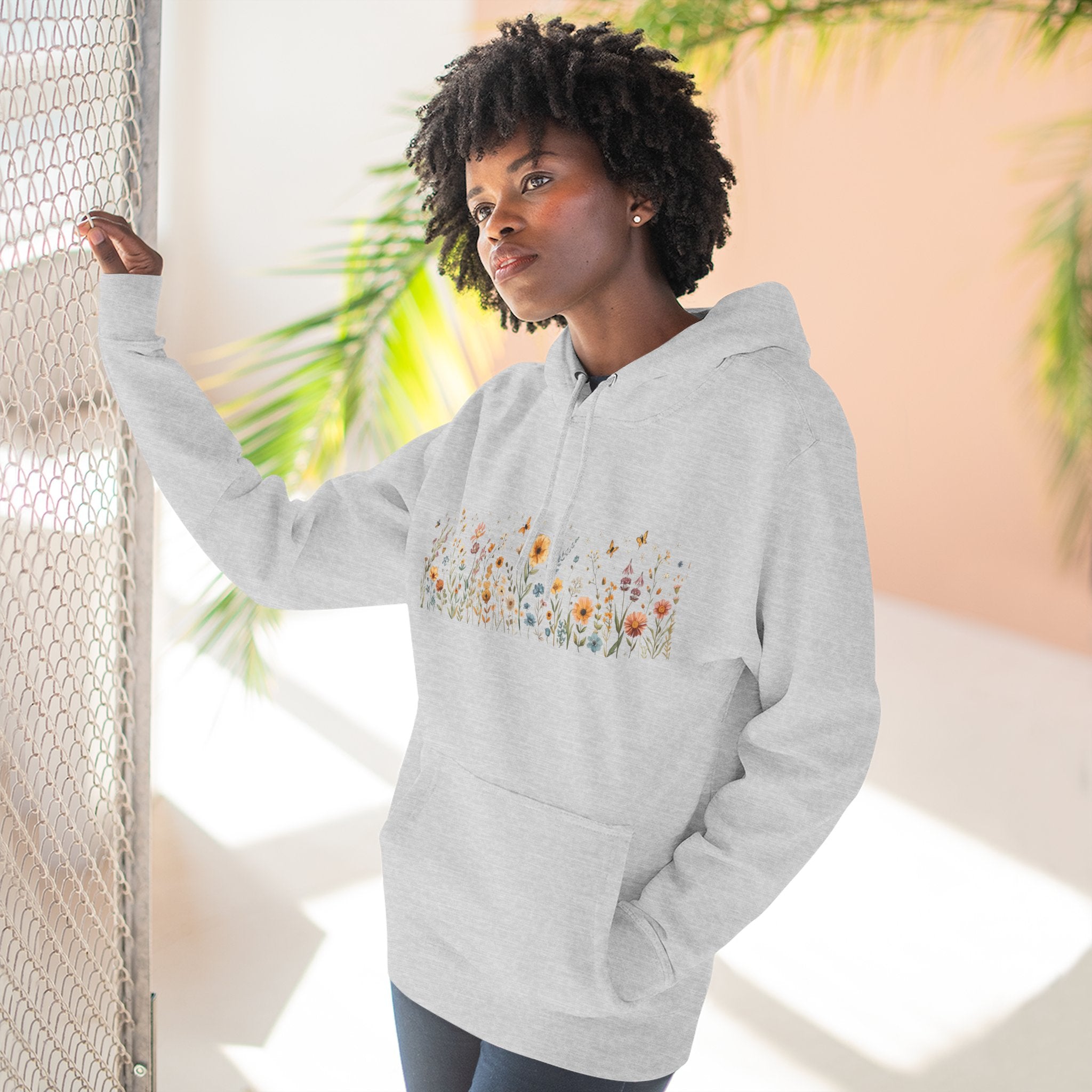 Floral Meadow Fleece Hoodie — Soft Boho Wildflower Stripe Design
