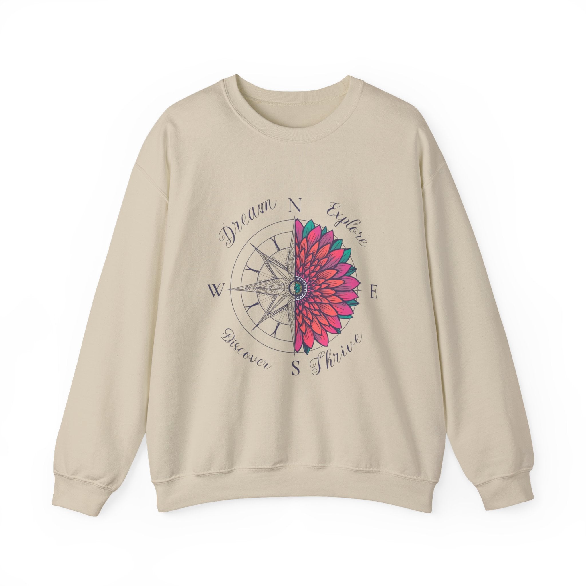 Compass Flower Crewneck Sweatshirt — "Dream, Explore, Discover" Graphic
