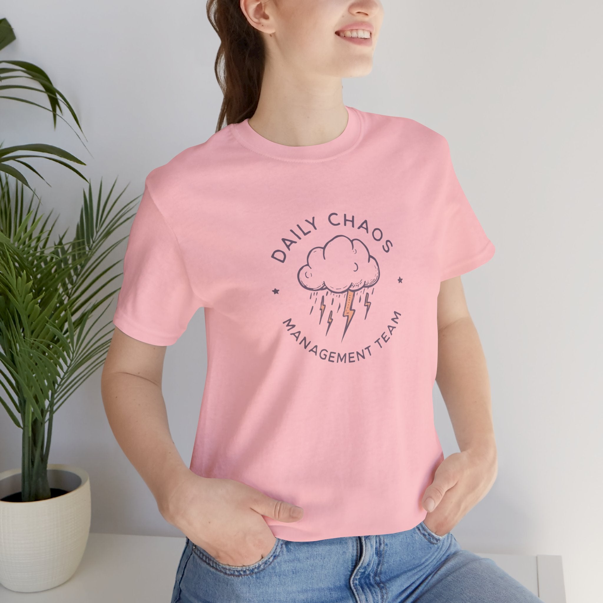 Daily Chaos Management Team Tee — Cute Lightning Cloud Graphic T-Shirt