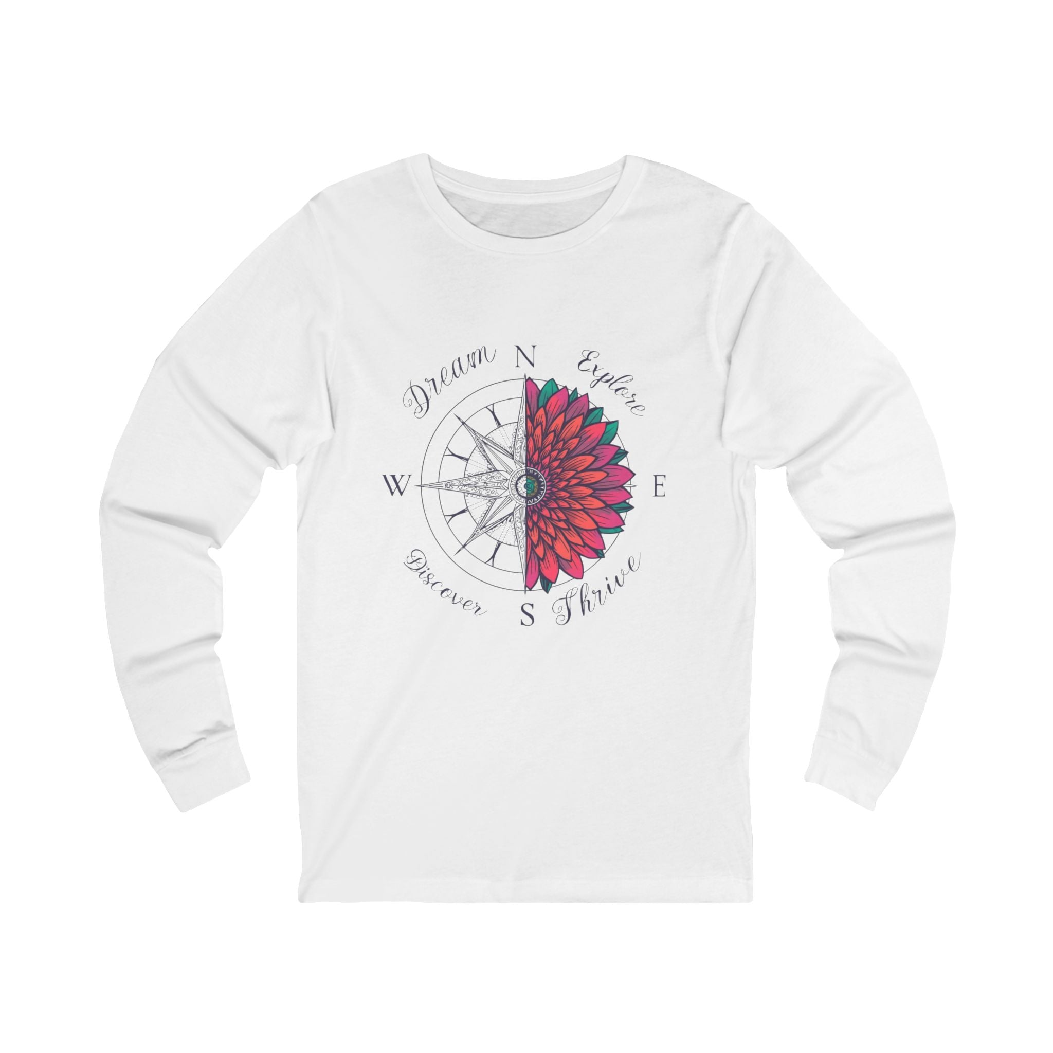 Compass Rose Floral Long Sleeve Tee — "Dream. Explore. Discover." Travel Shirt