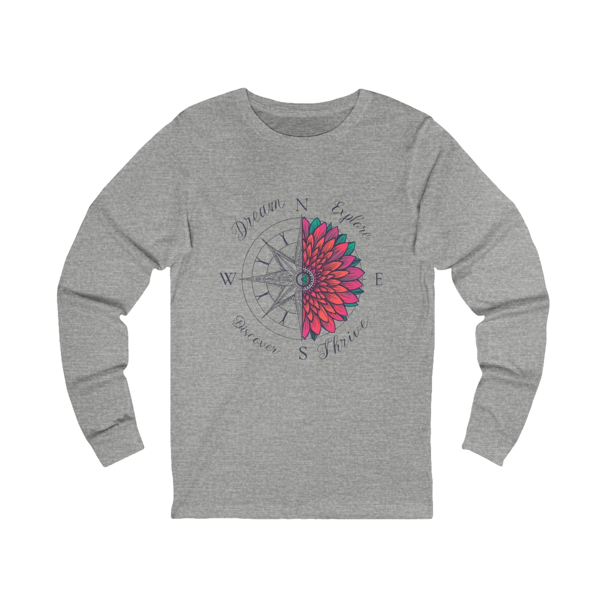 Compass Rose Floral Long Sleeve Tee — "Dream. Explore. Discover." Travel Shirt