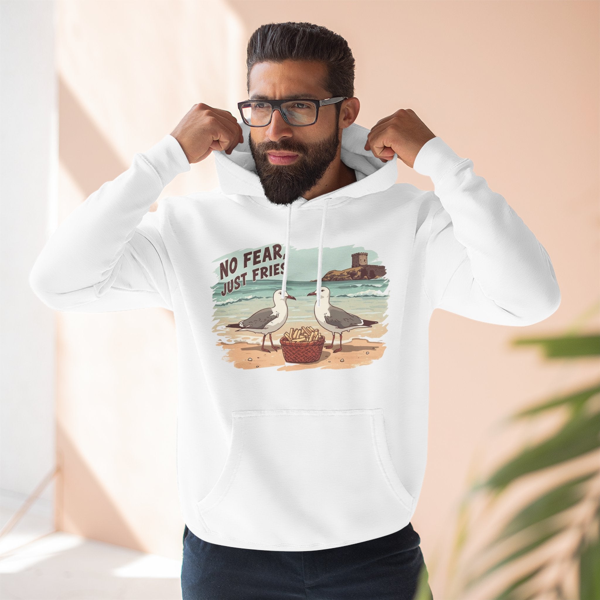 Seagull Beach Hoodie – “No Fear Just Fries” Retro Coastal Graphic Hoodie