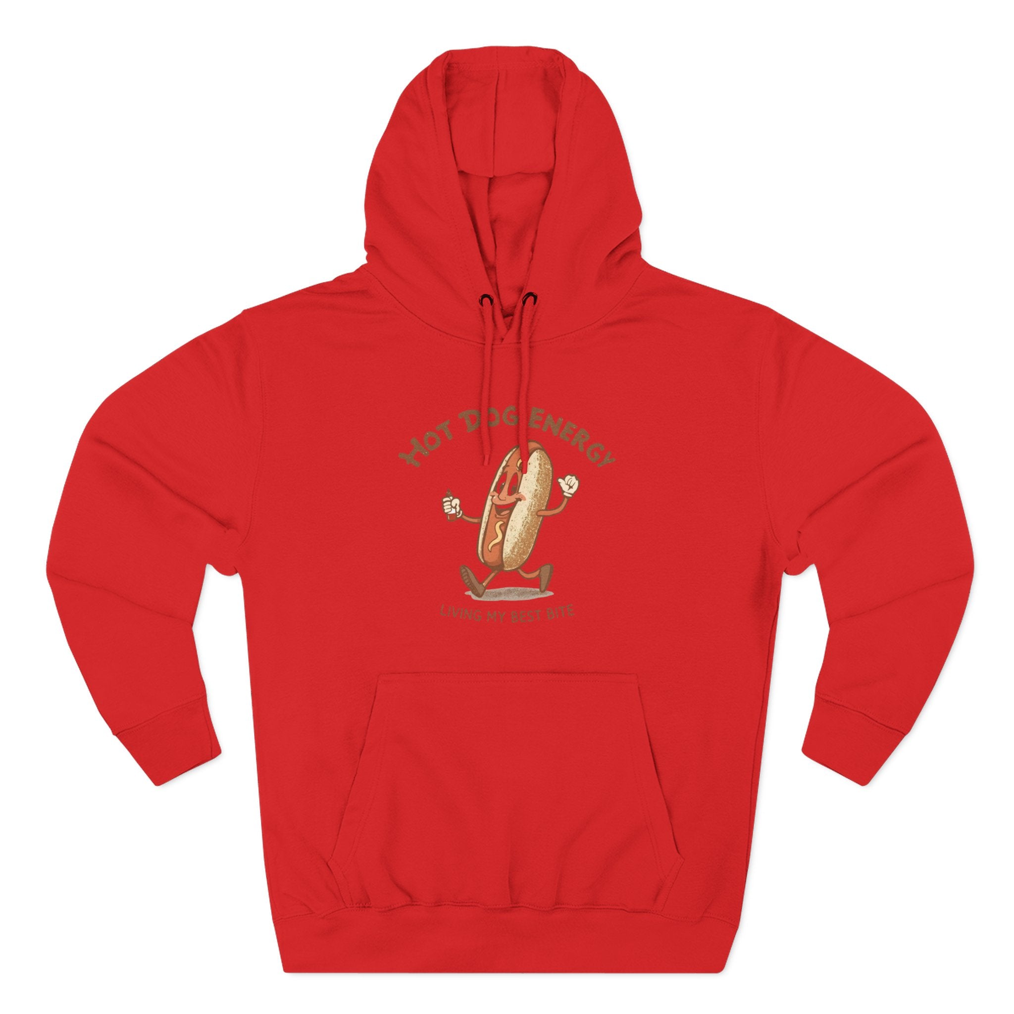 Hot Dog Energy Hoodie — Funny Cartoon Hotdog "Living My Best Bite" Pullover