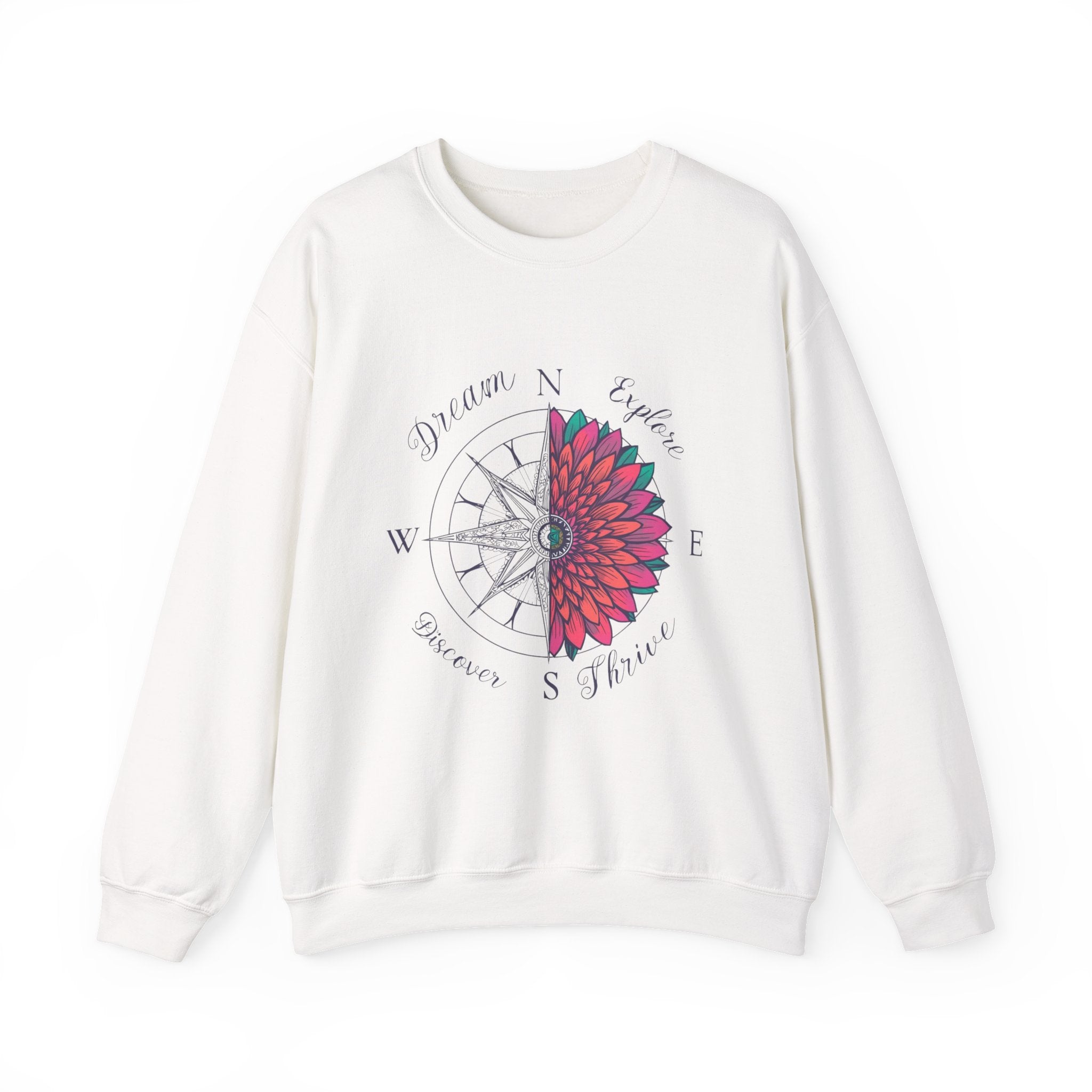 Compass Flower Crewneck Sweatshirt — "Dream, Explore, Discover" Graphic