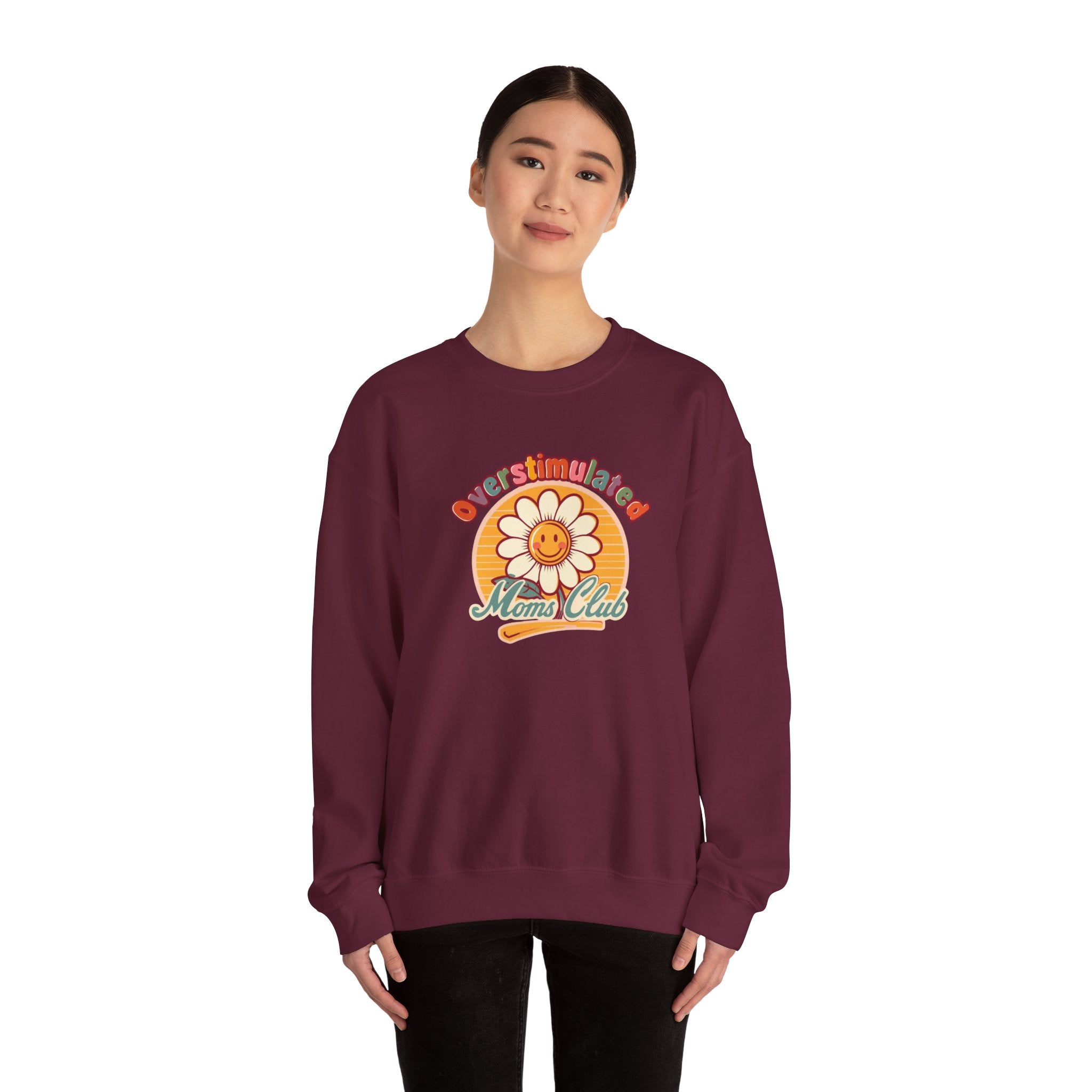Oversaturated Moms Club Crewneck Sweatshirt — Retro Smiley Daisy Mom Gift