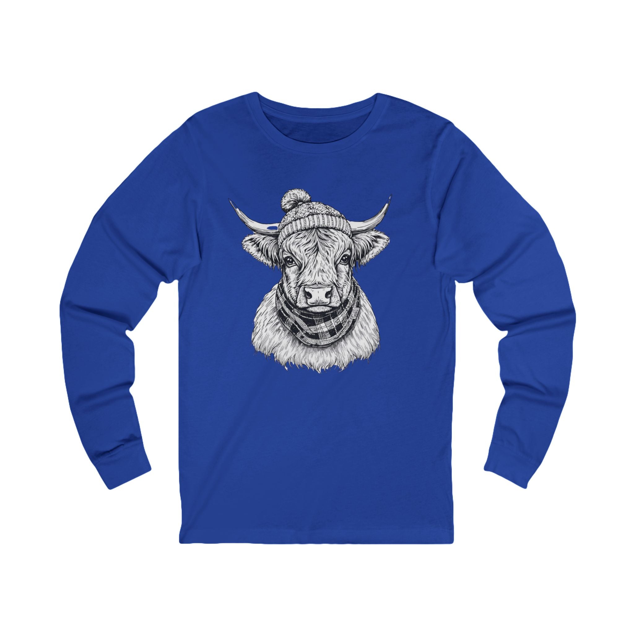 Highland Cow Sketch Long Sleeve Tee — Rustic Farm Animal Graphic Shirt