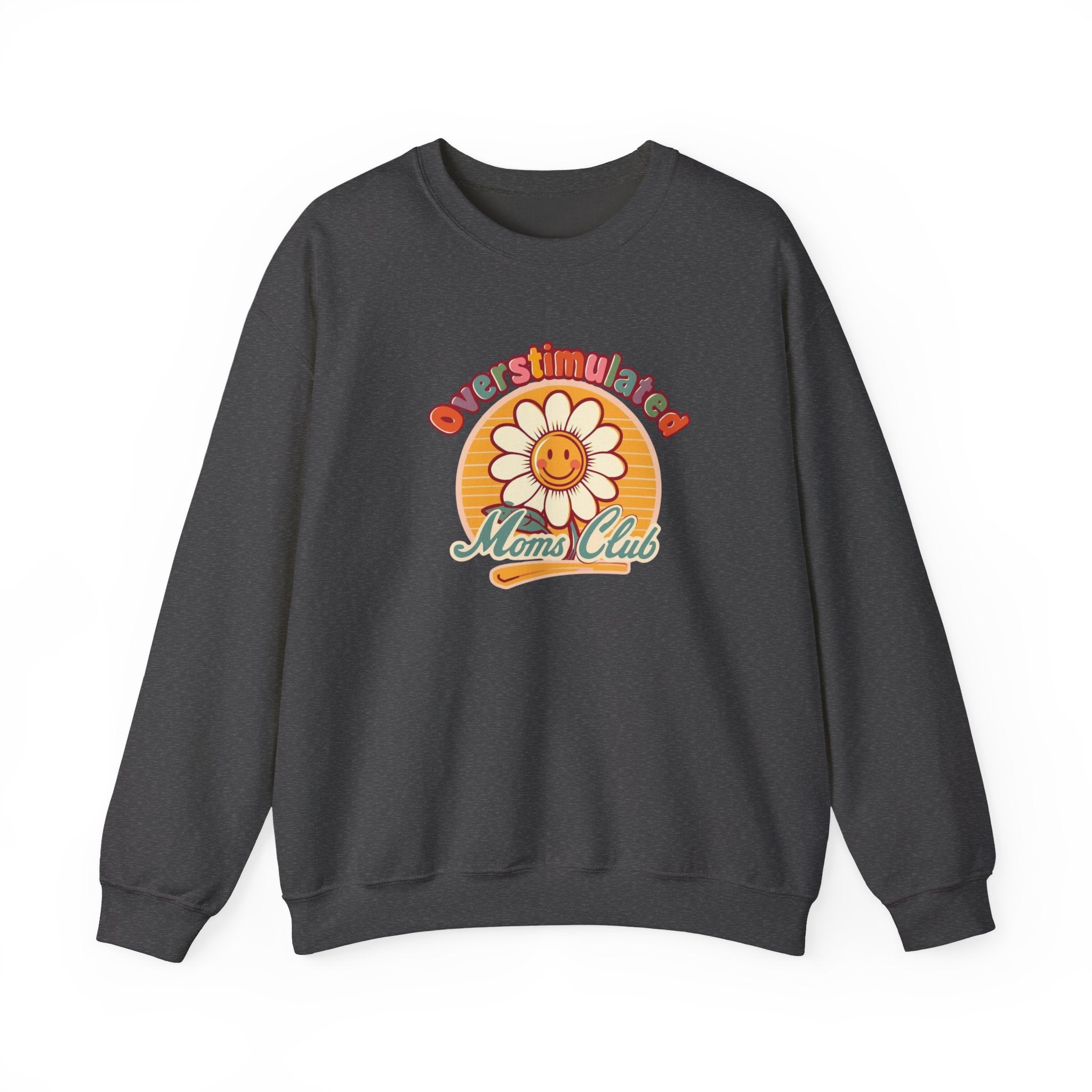 Oversaturated Moms Club Crewneck Sweatshirt — Retro Smiley Daisy Mom Gift