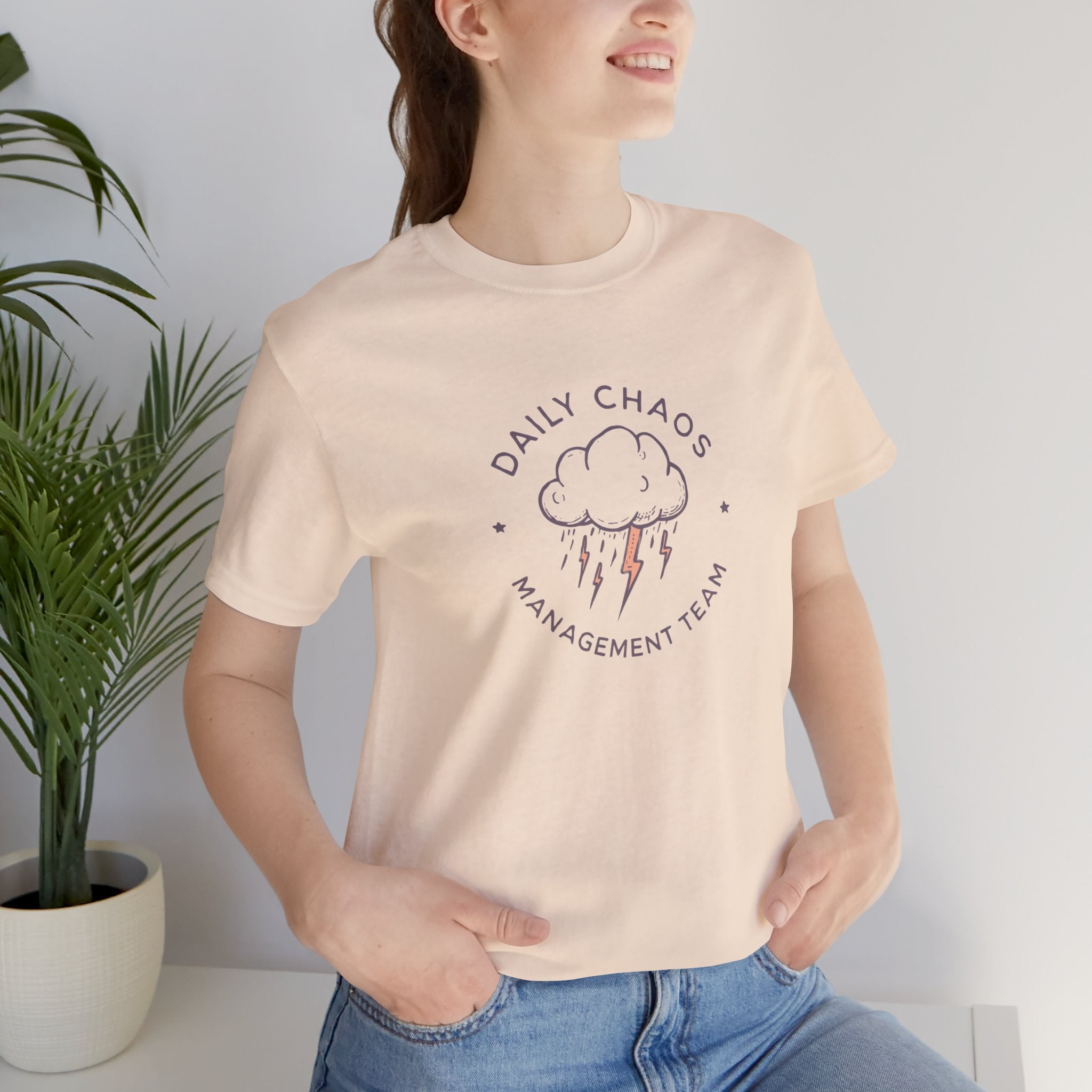 Daily Chaos Management Team Tee — Cute Lightning Cloud Graphic T-Shirt