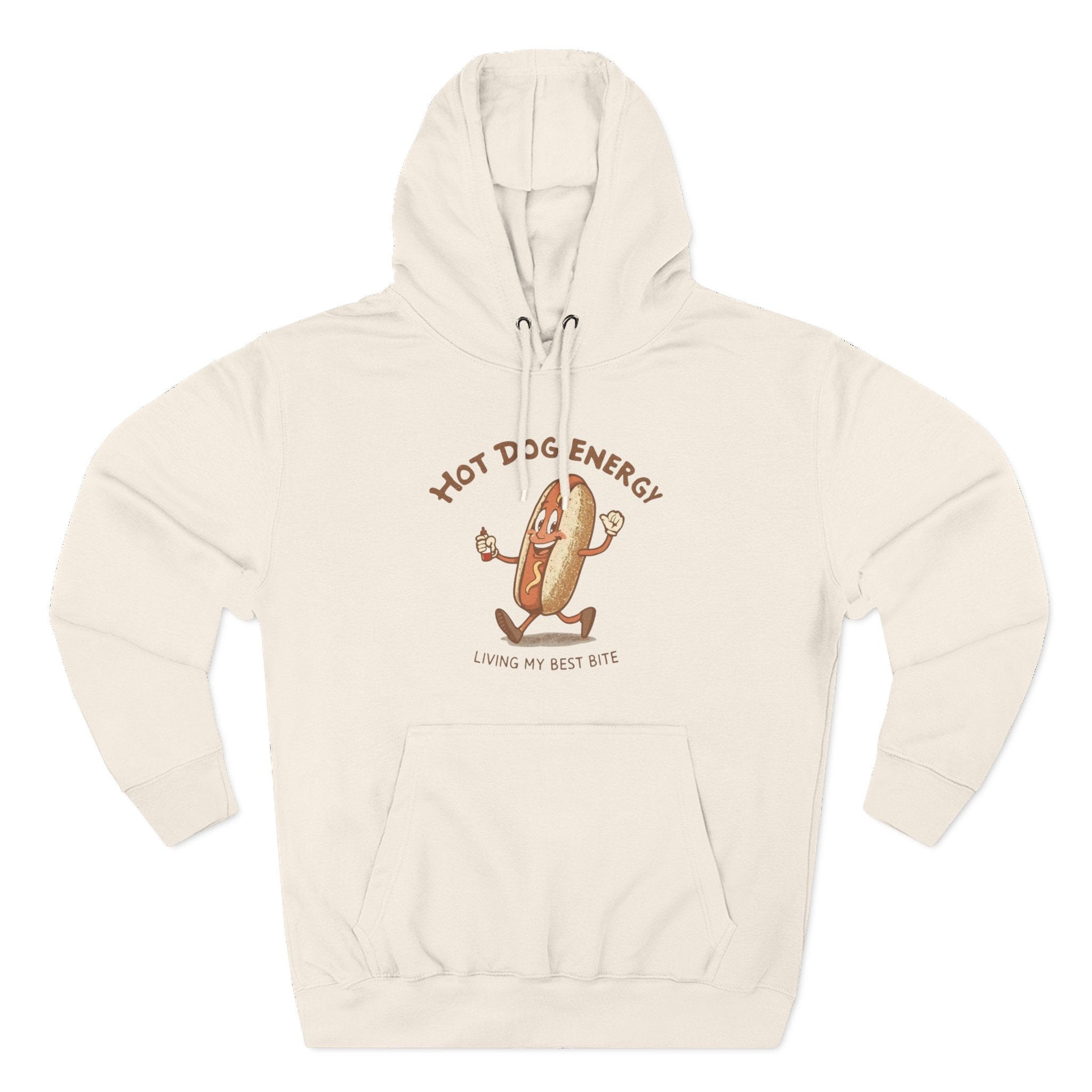 Hot Dog Energy Hoodie — Funny Cartoon Hotdog "Living My Best Bite" Pullover