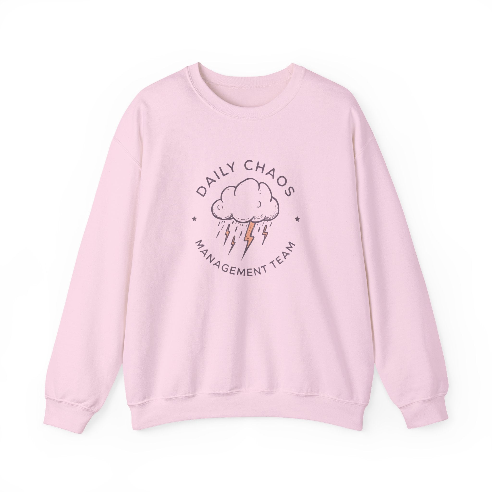 Crewneck Sweatshirt — "Daily Chaos Management Team" Cloud & Lightning Graphic