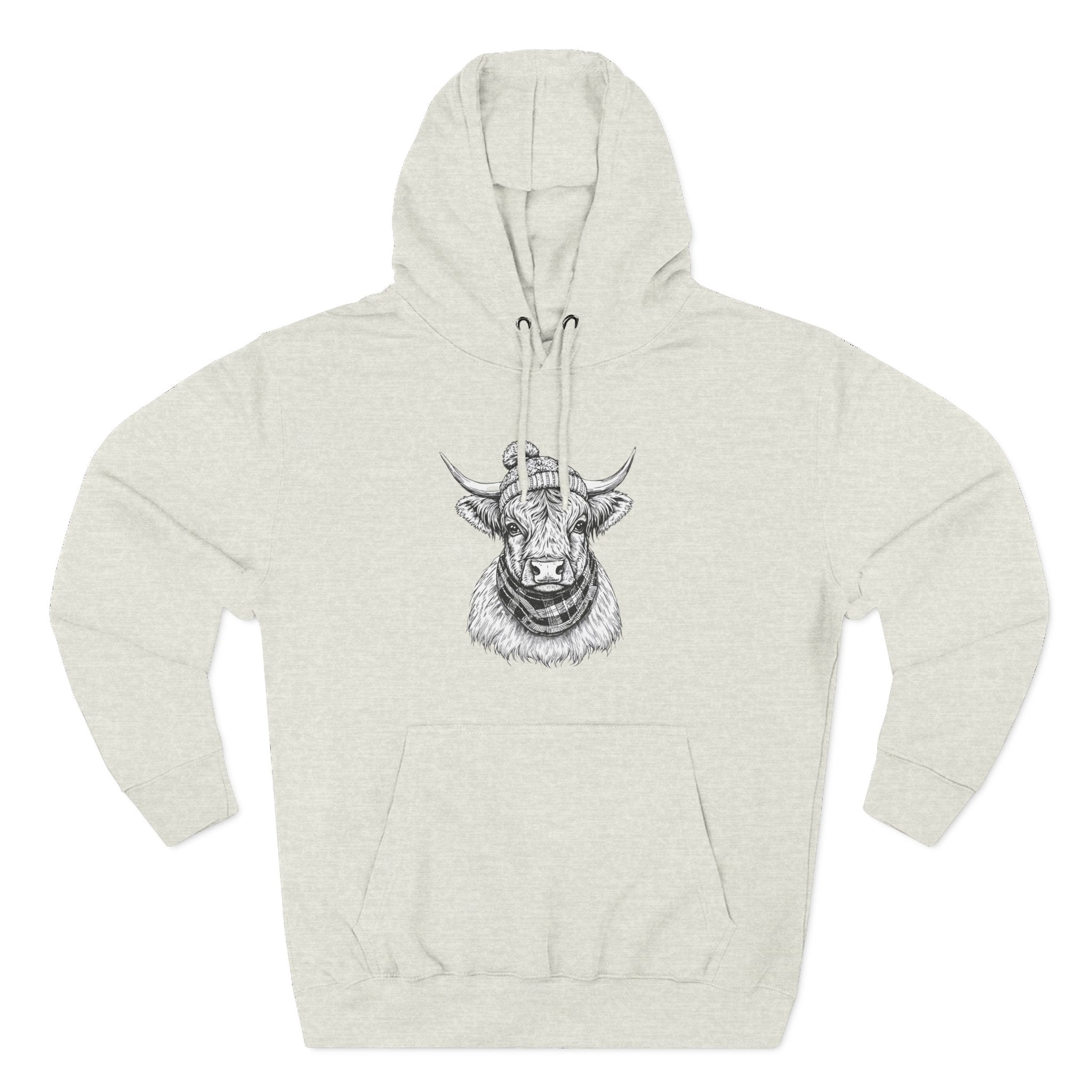 Highland Cow Sketch Hoodie - Detailed Bull Head Graphic Fleece Pullover