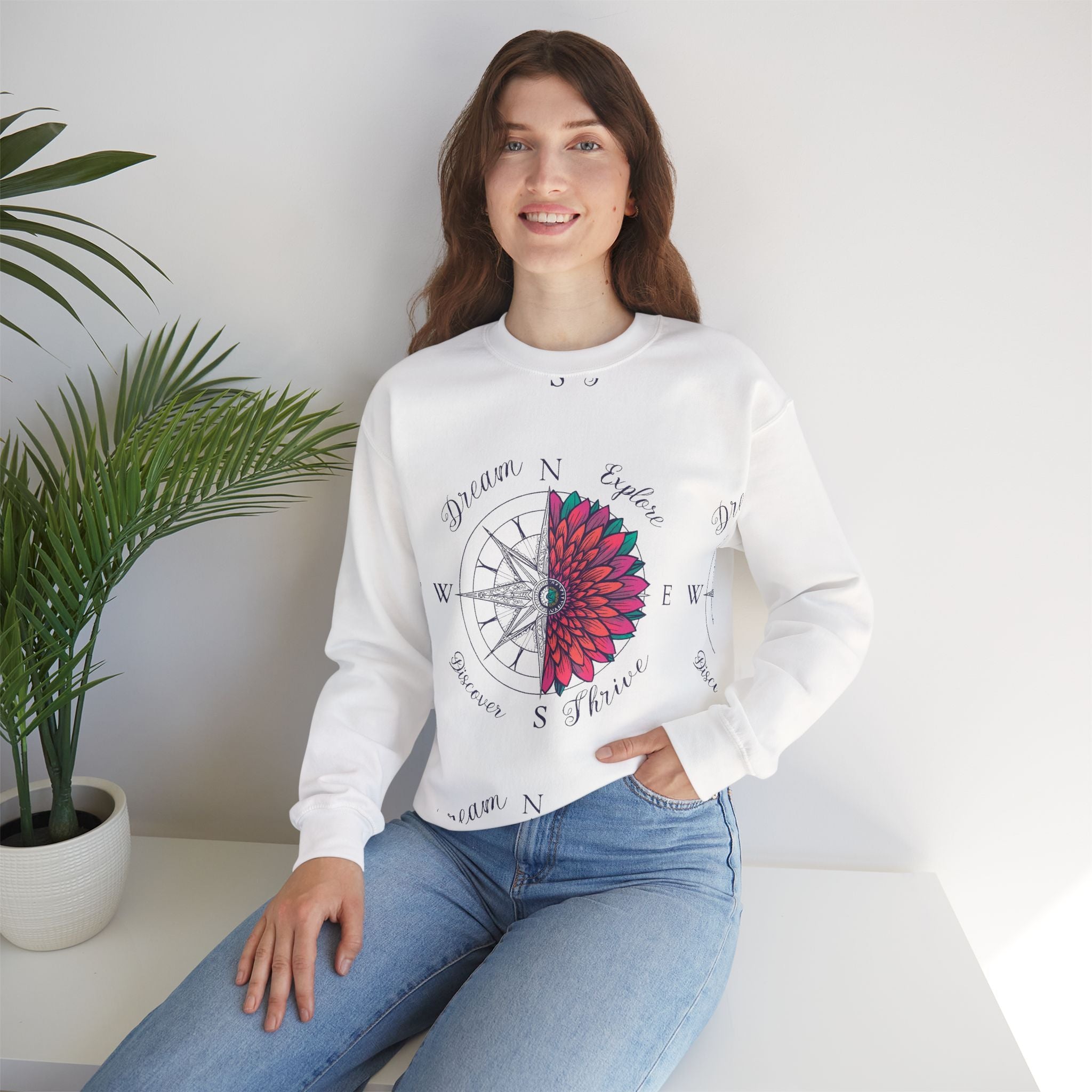 Compass Flower Crewneck Sweatshirt — "Dream, Explore, Discover" Graphic