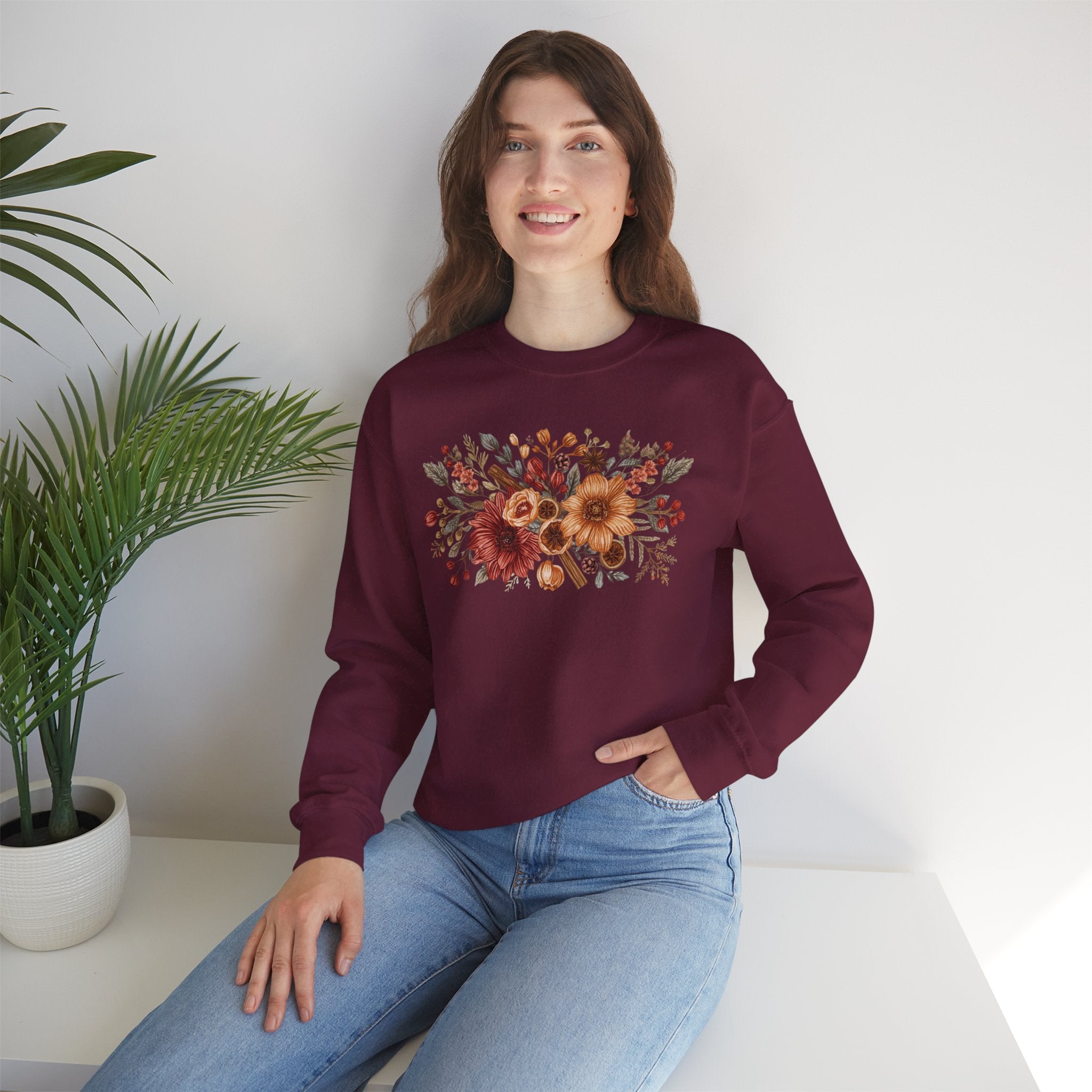 Fall Floral Crewneck Sweatshirt — Rust Sunflower Bouquet