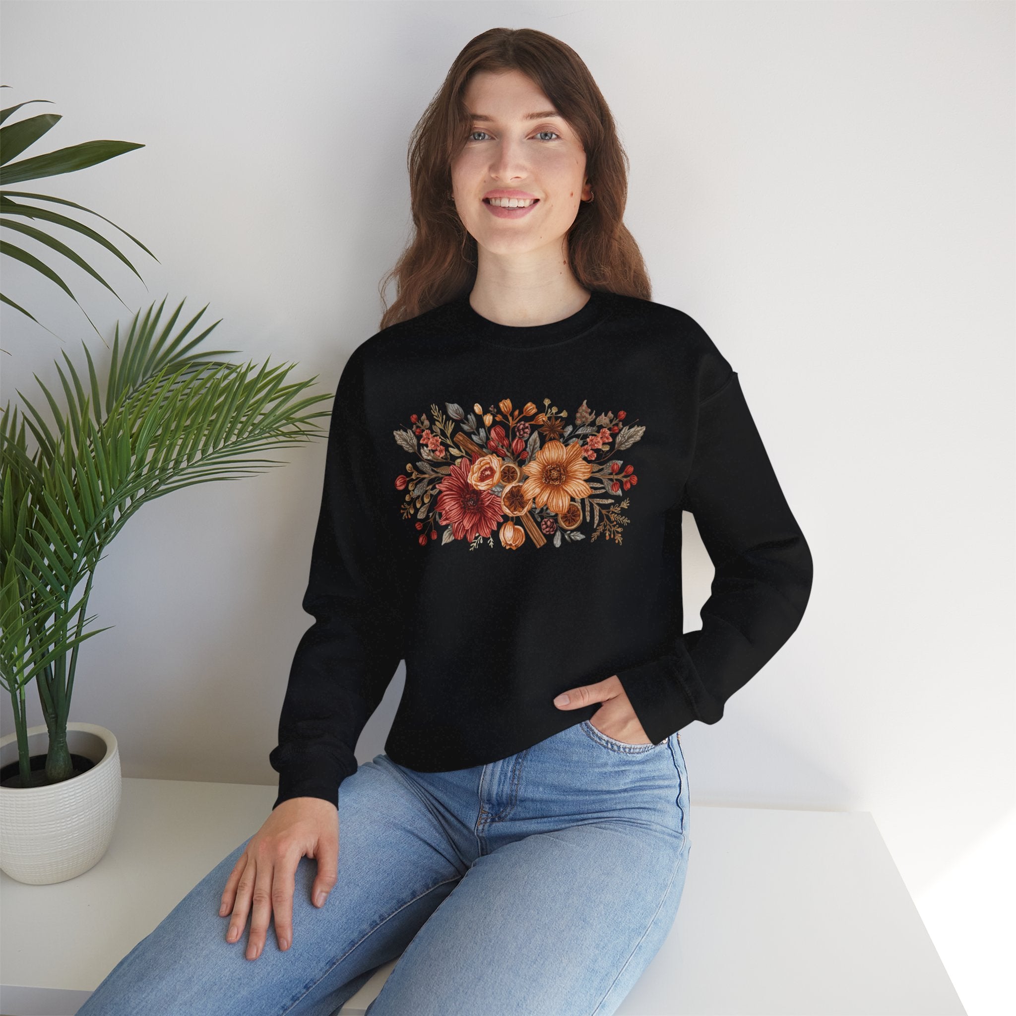 Fall Floral Crewneck Sweatshirt — Rust Sunflower Bouquet