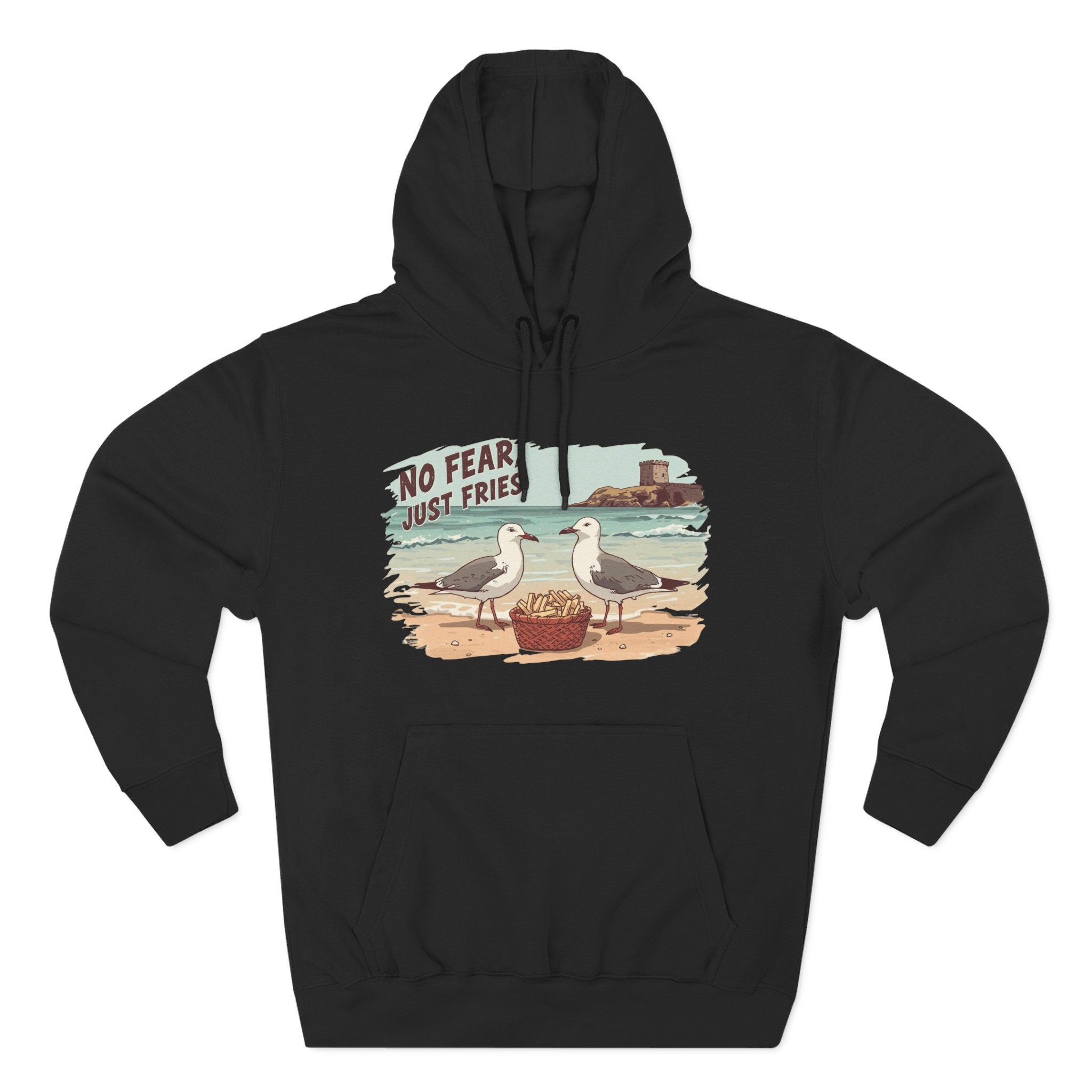 Seagull Beach Hoodie – “No Fear Just Fries” Retro Coastal Graphic Hoodie