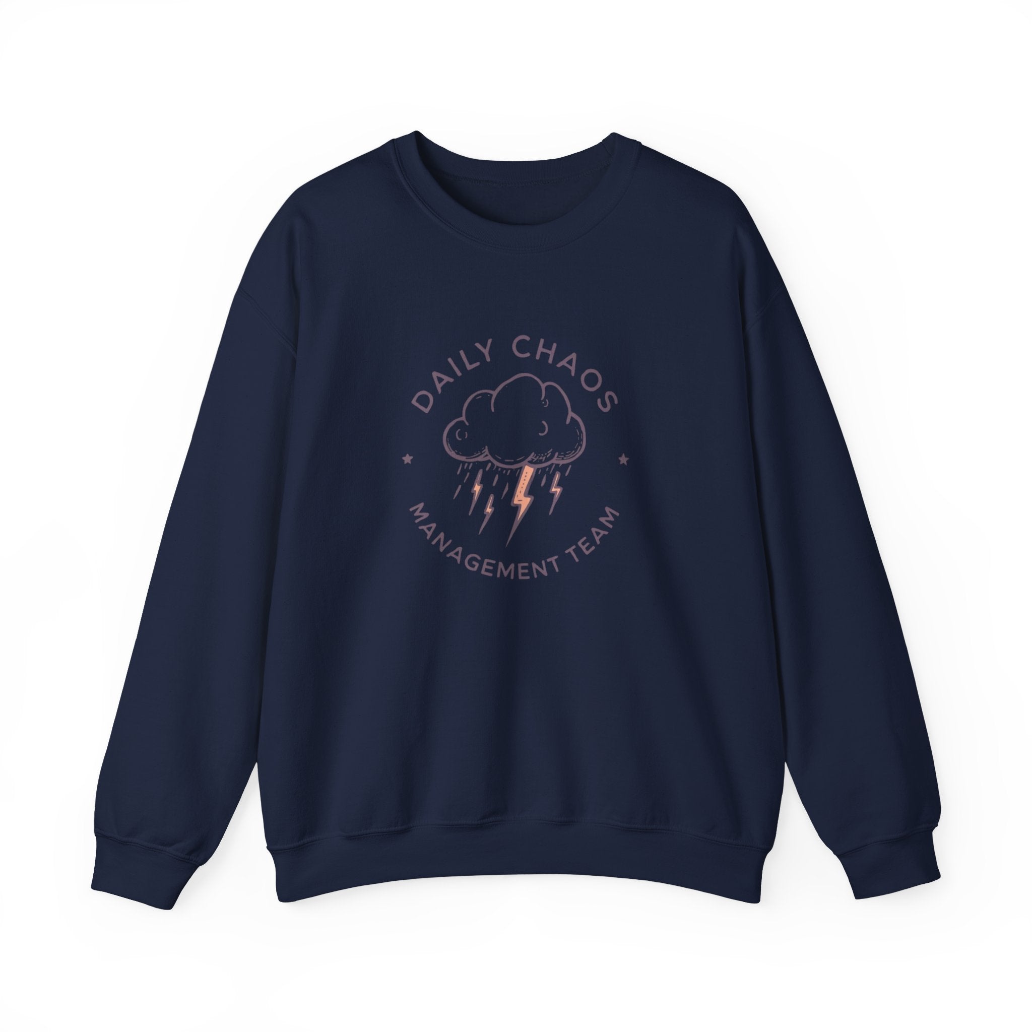 Crewneck Sweatshirt — "Daily Chaos Management Team" Cloud & Lightning Graphic
