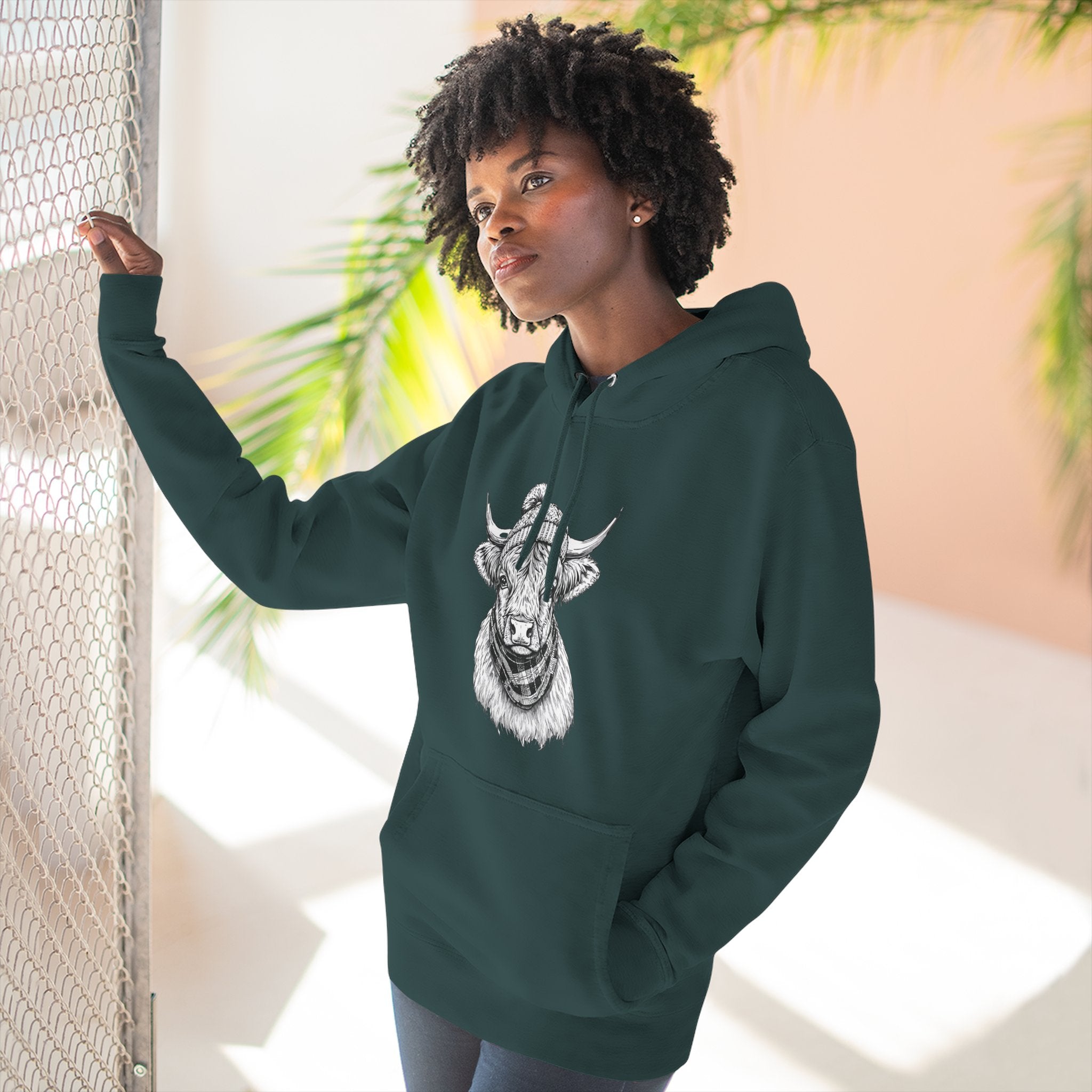 Highland Cow Sketch Hoodie - Detailed Bull Head Graphic Fleece Pullover