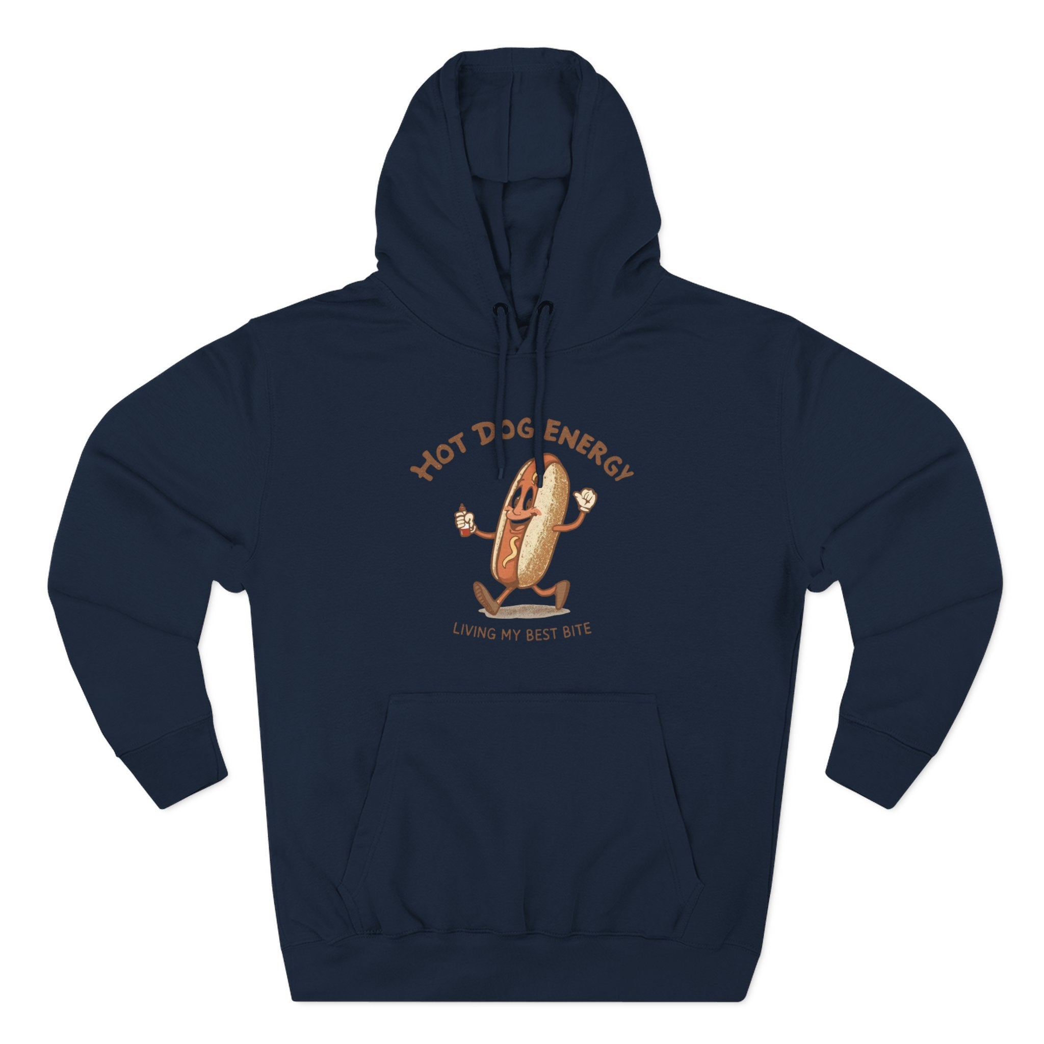 Hot Dog Energy Hoodie — Funny Cartoon Hotdog "Living My Best Bite" Pullover