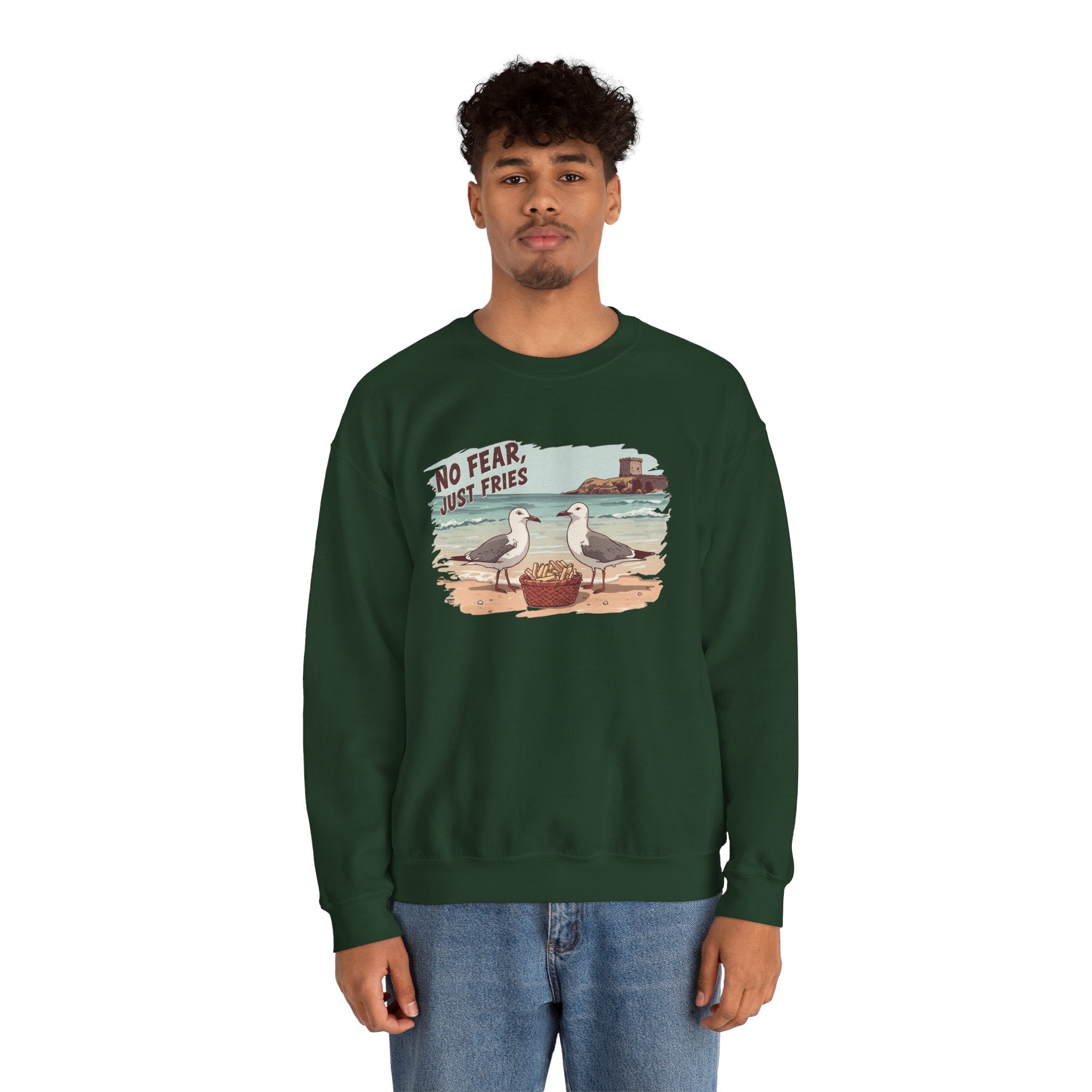 Crewneck Sweatshirt - "No Fear, Just Fries" Seagull Beach Graphic