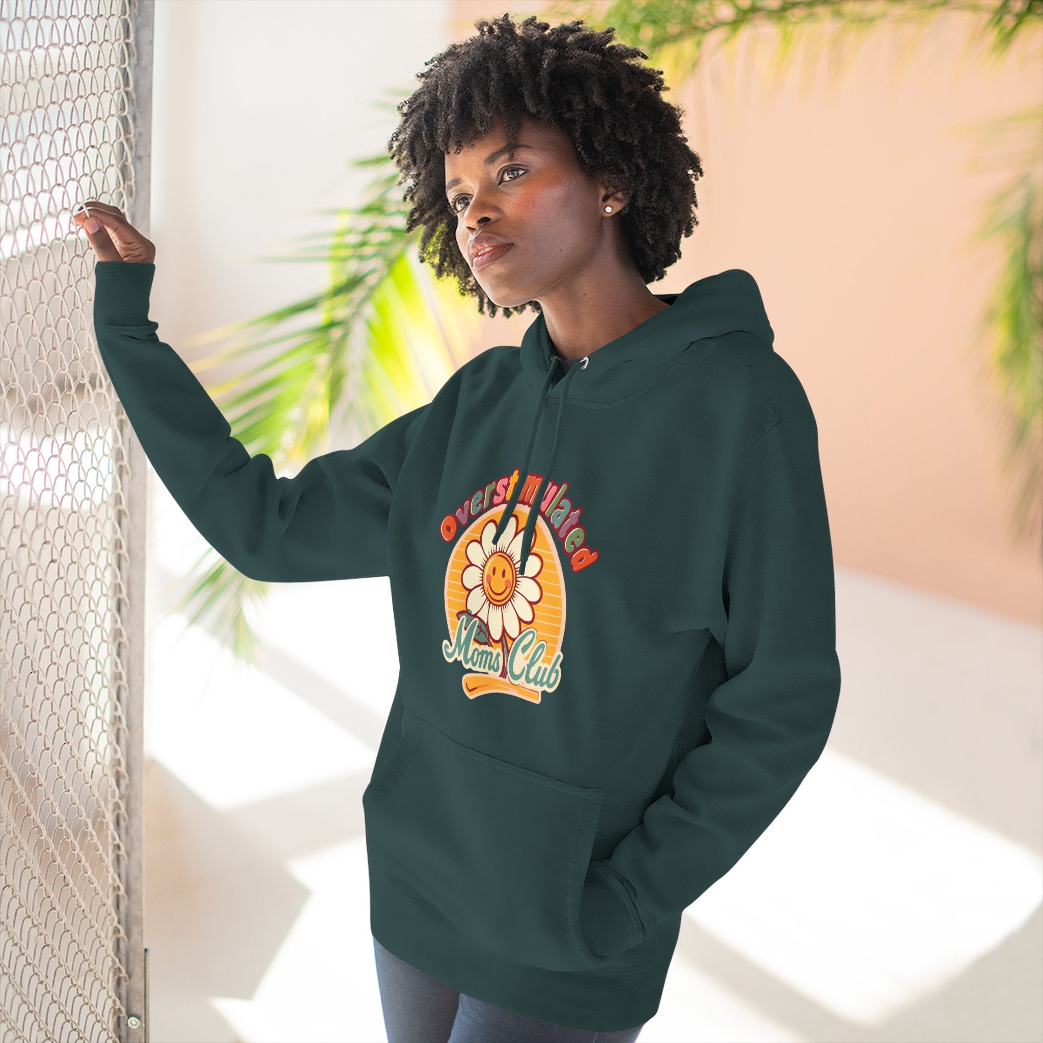 Retro "Moms Club" Fleece Hoodie — Sunshine Flower Graphic