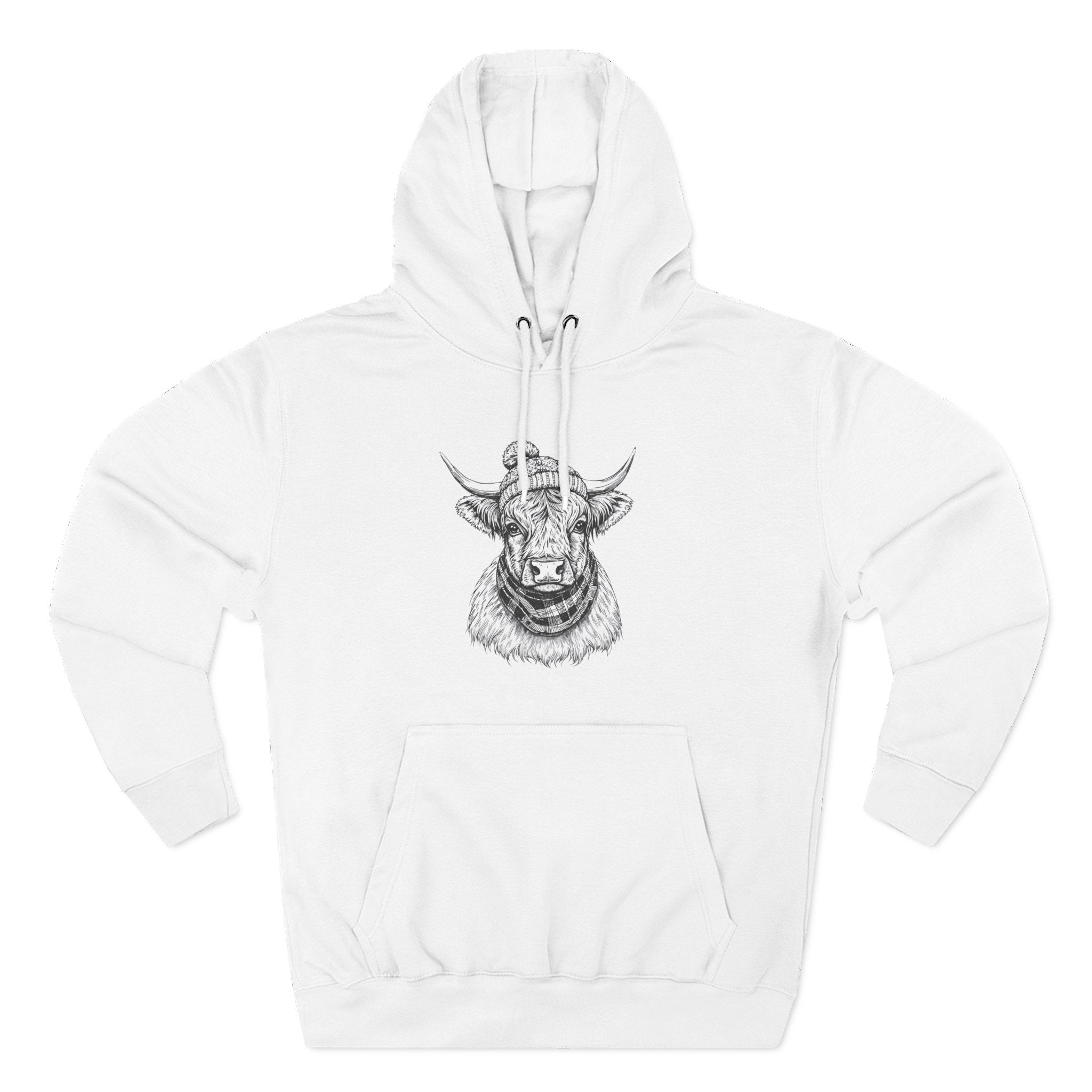 Highland Cow Sketch Hoodie - Detailed Bull Head Graphic Fleece Pullover