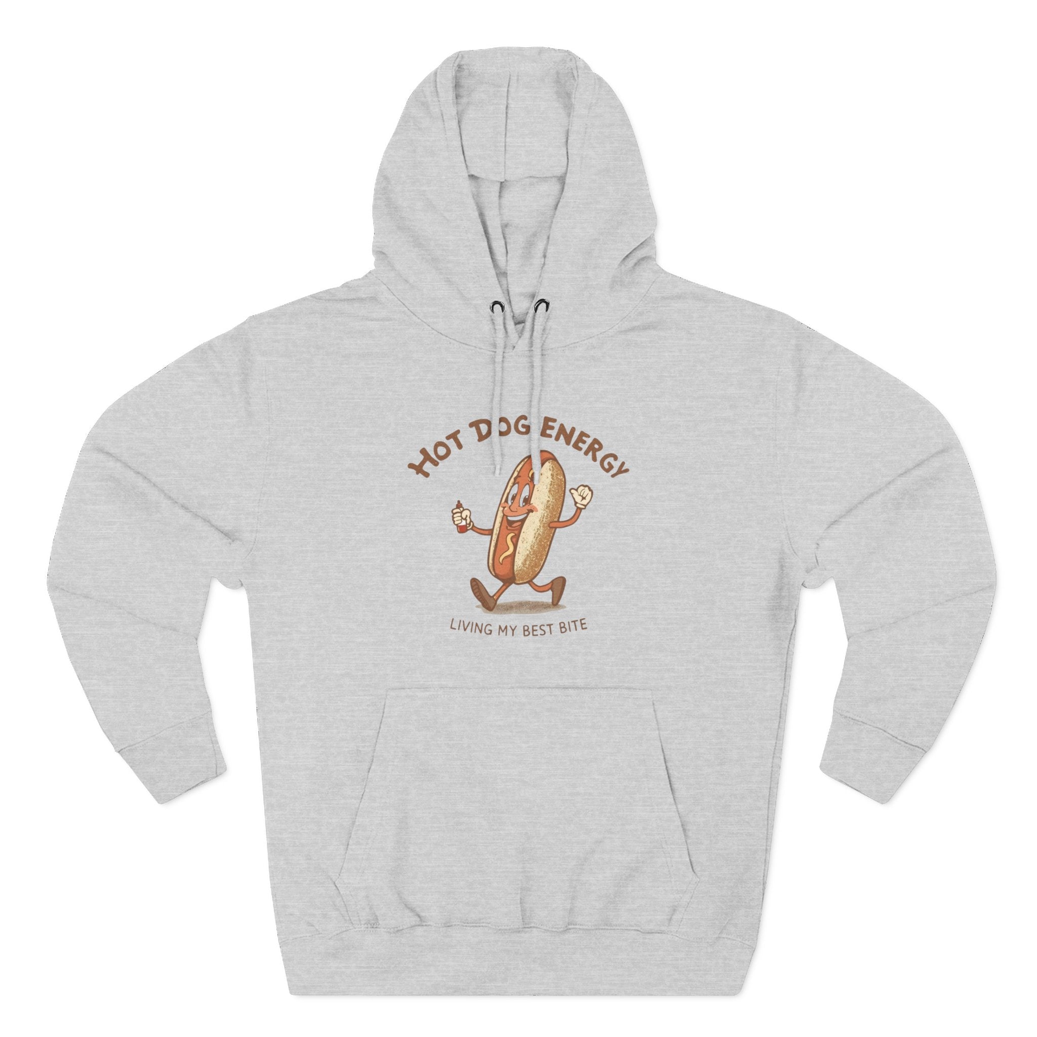 Hot Dog Energy Hoodie — Funny Cartoon Hotdog "Living My Best Bite" Pullover