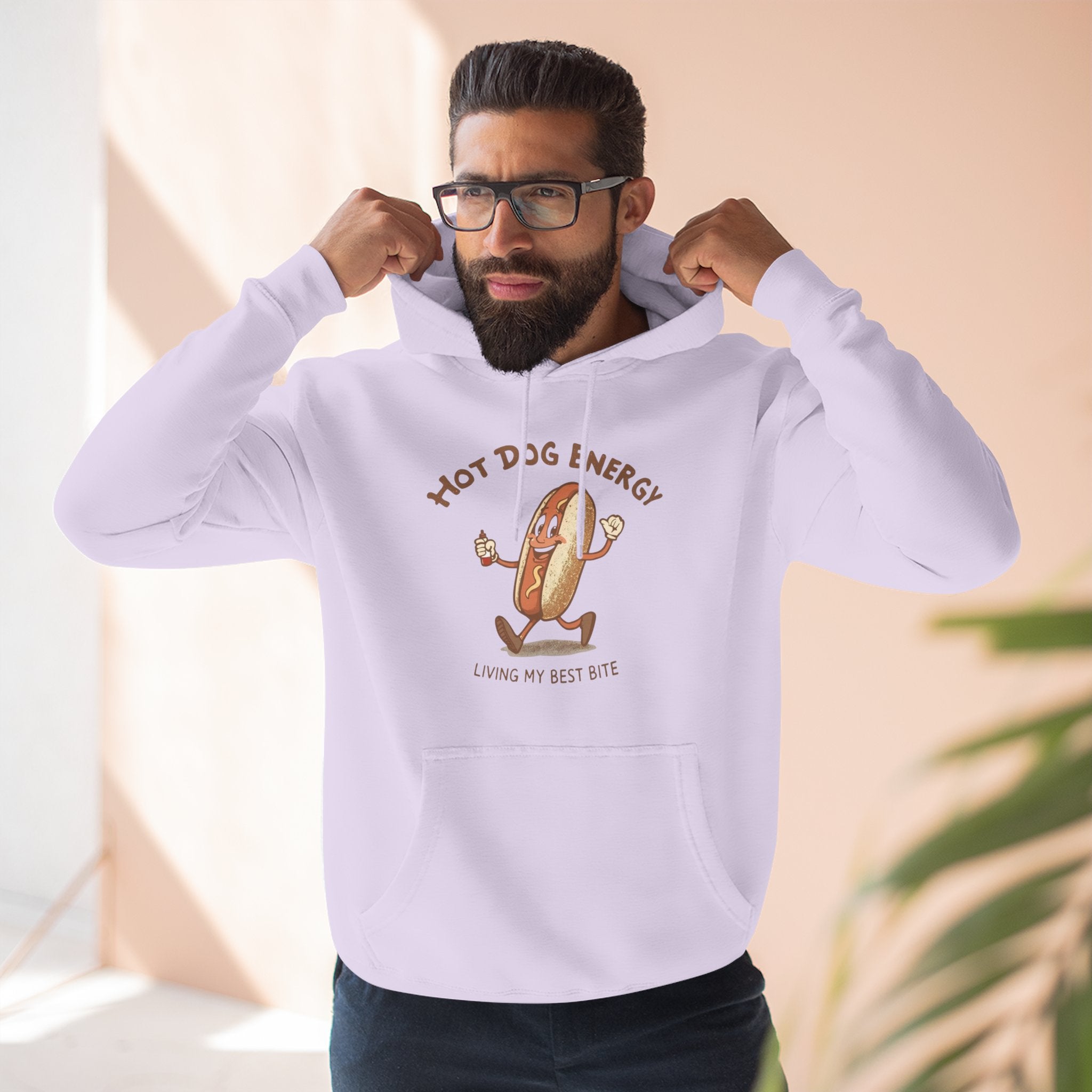 Hot Dog Energy Hoodie — Funny Cartoon Hotdog "Living My Best Bite" Pullover