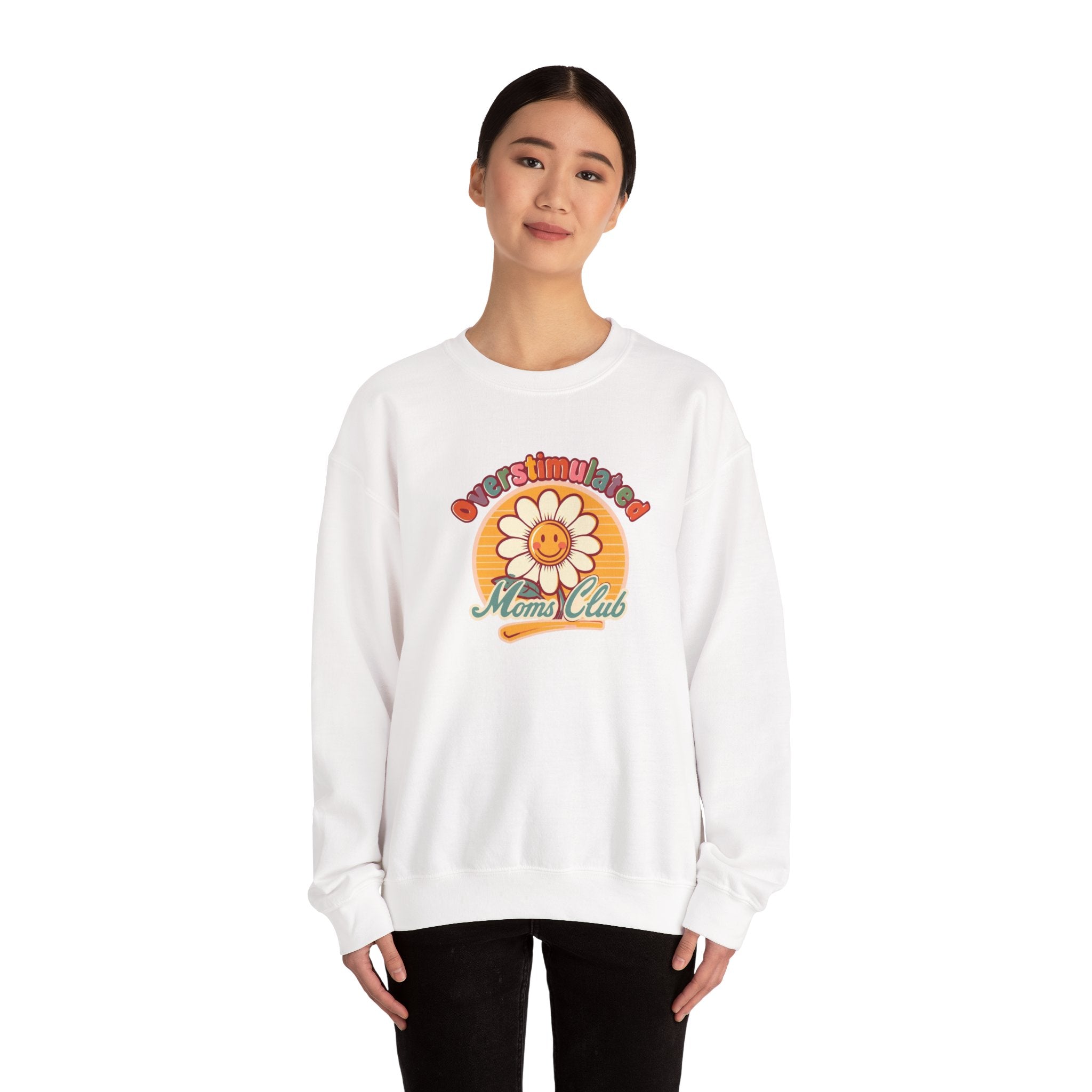 Oversaturated Moms Club Crewneck Sweatshirt — Retro Smiley Daisy Mom Gift