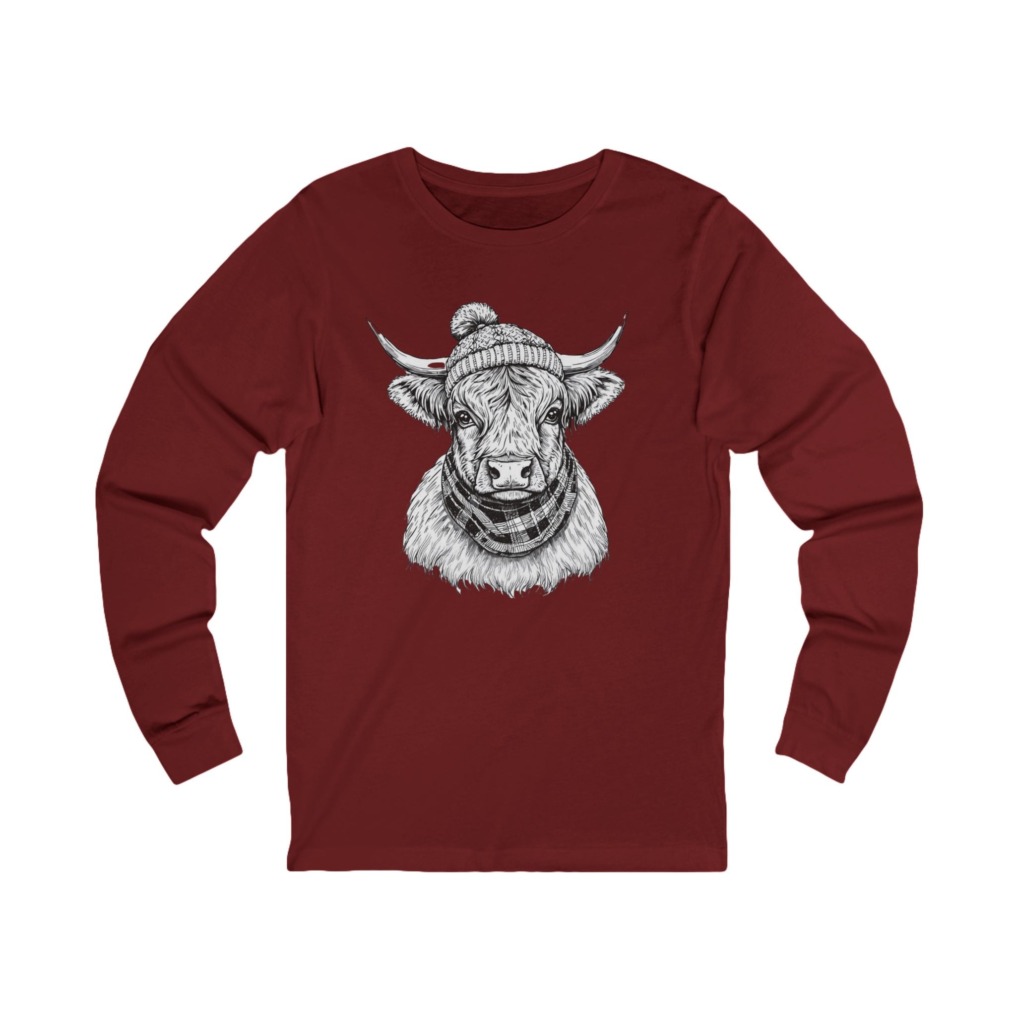 Highland Cow Sketch Long Sleeve Tee — Rustic Farm Animal Graphic Shirt