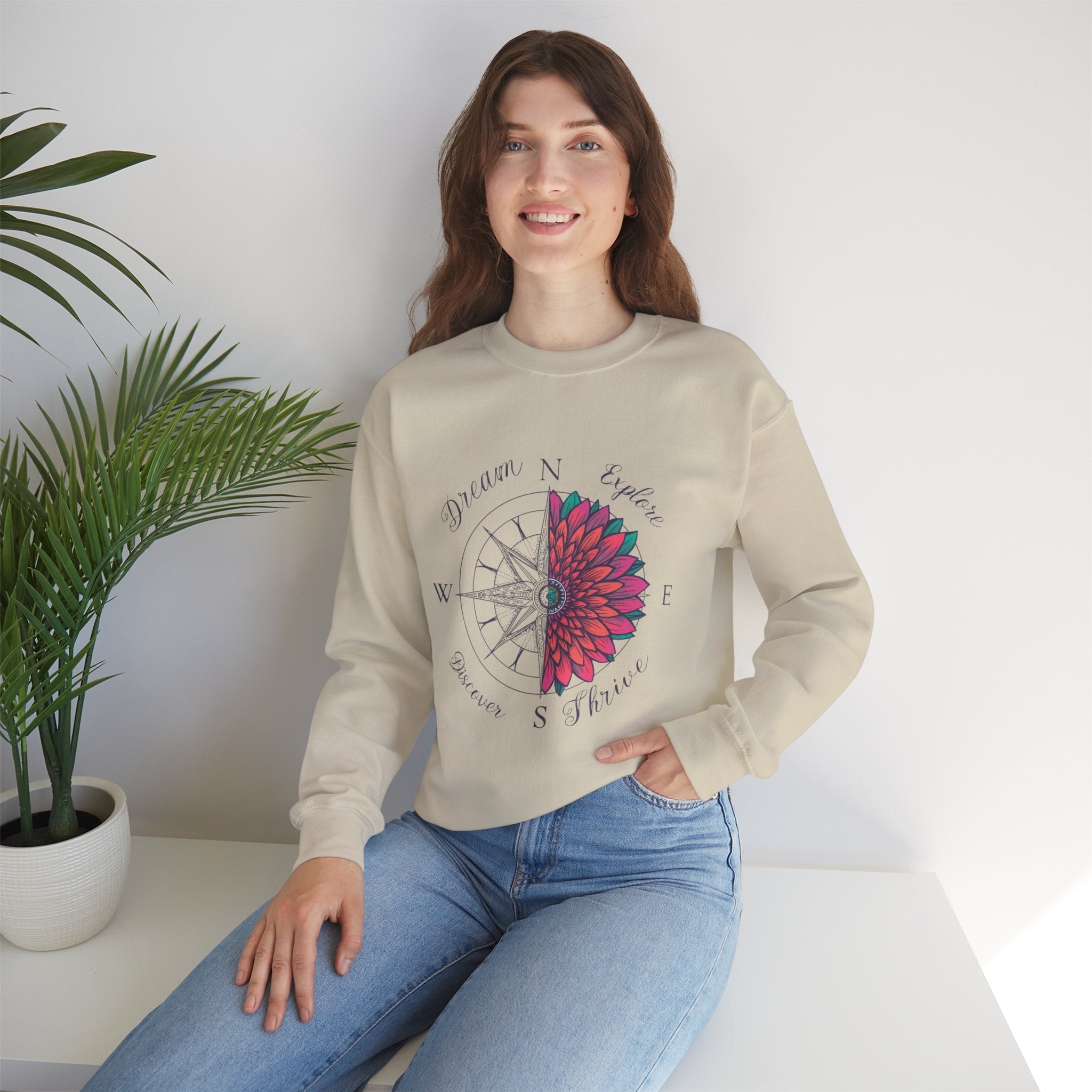 Compass Flower Crewneck Sweatshirt — "Dream, Explore, Discover" Graphic