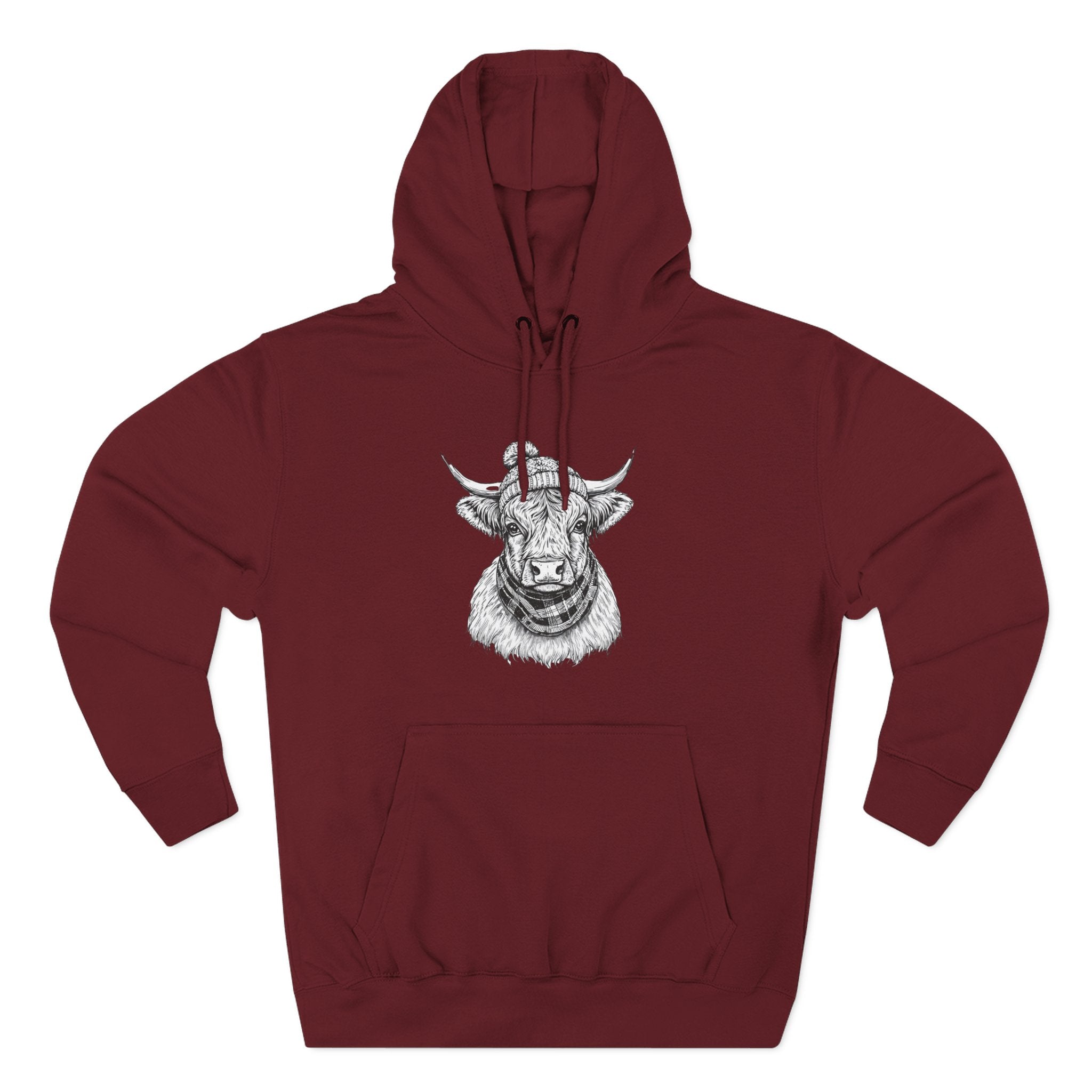 Highland Cow Sketch Hoodie - Detailed Bull Head Graphic Fleece Pullover