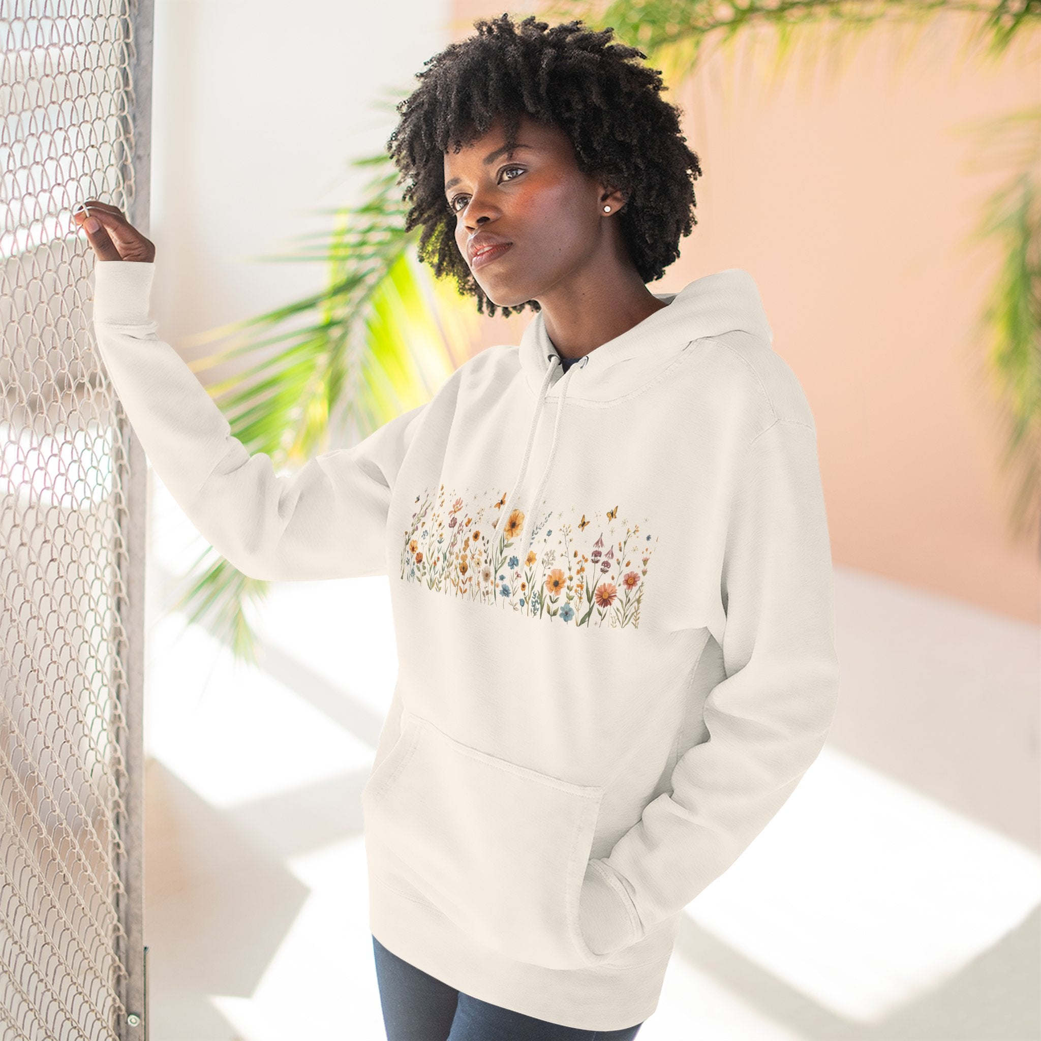 Floral Meadow Fleece Hoodie — Soft Boho Wildflower Stripe Design